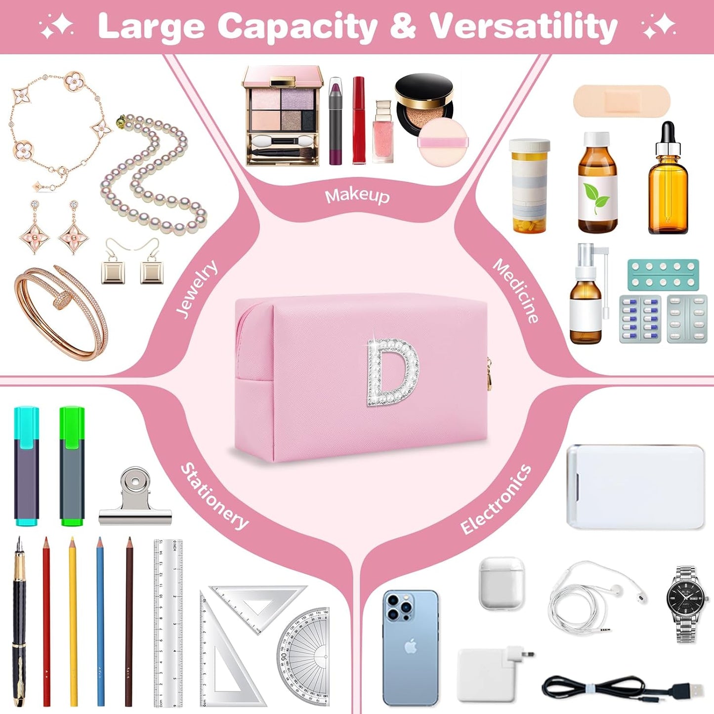 ChaoGreat Bride Gifts – Personalized Initial Makeup Bag with Pearl Rhinestone Patch, Preppy Pink