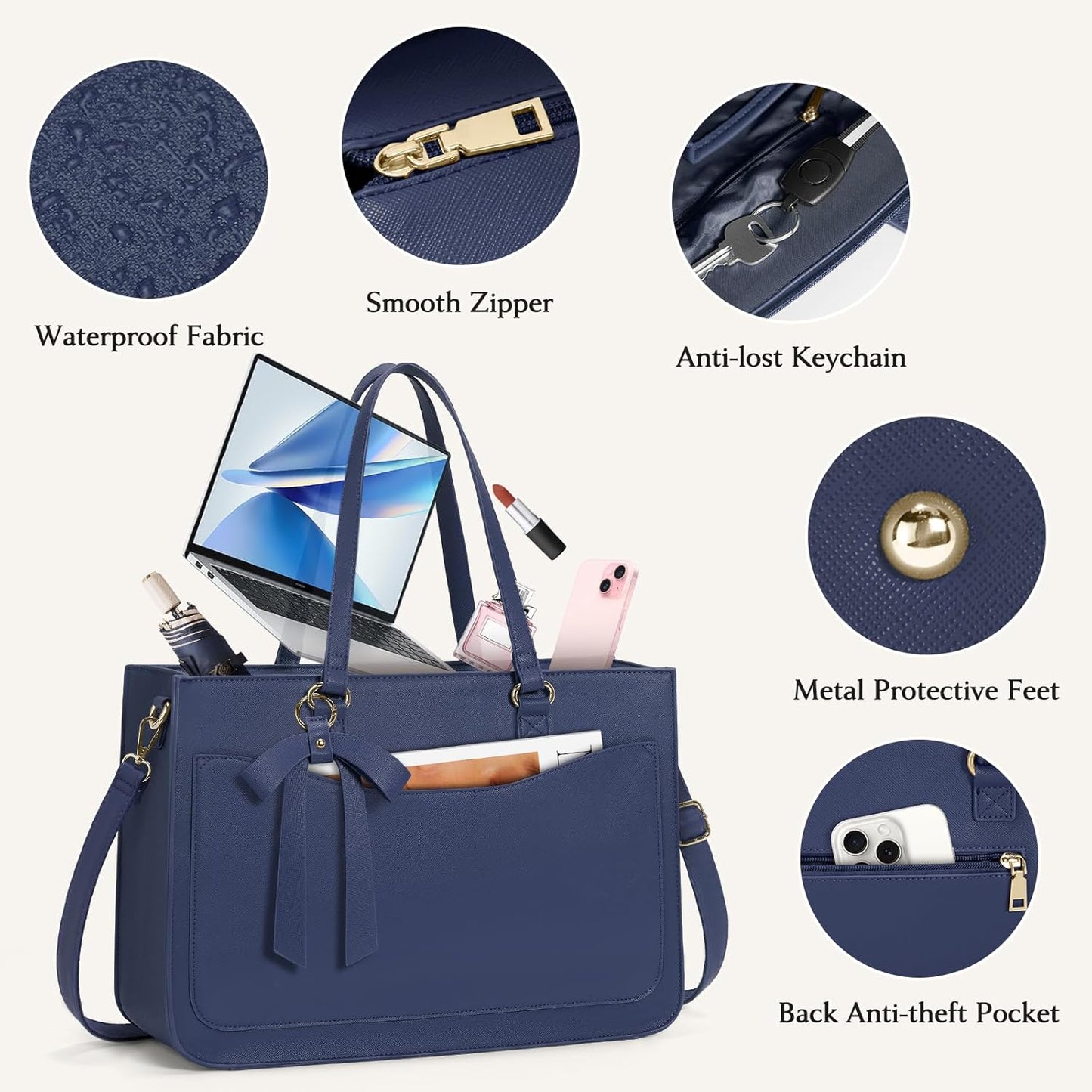 RAINSMORE Laptop Bag for Women 15.6 Inch Work Tote Bags Leather Laptop Tote Waterproof Computer Bag Professional Office Business Briefcase Large Handbag for College Teacher Travel, Blue