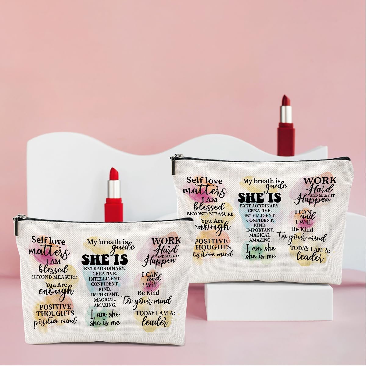 2PCS Positive Affirmations Makeup Bag Mental Health Motivational Inspirational Gifts for Female Sister Coworker Birthday Friendship Mothers Day Nurse Day Travel Toiletry Cosmetic Bag