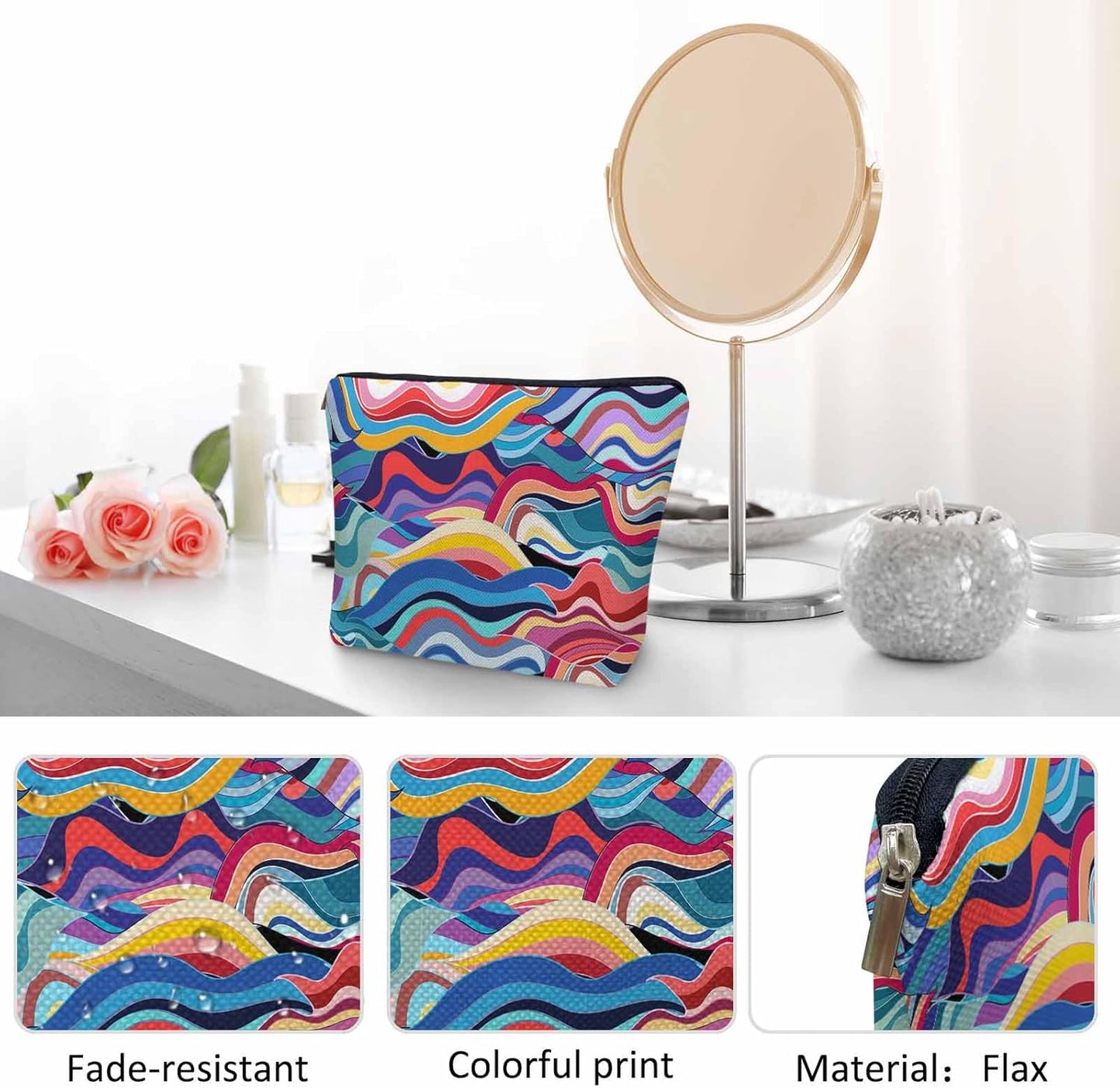 Ocean Waves Makeup Bags Makeup Organizer, Abstract Rainbow Waves Ocean Sea Flax Toiletry Bags Travel Cosmetic Bag Makeup Purse Pouch Skincare Bag Wallet Bags For Women Female Mom Daughter