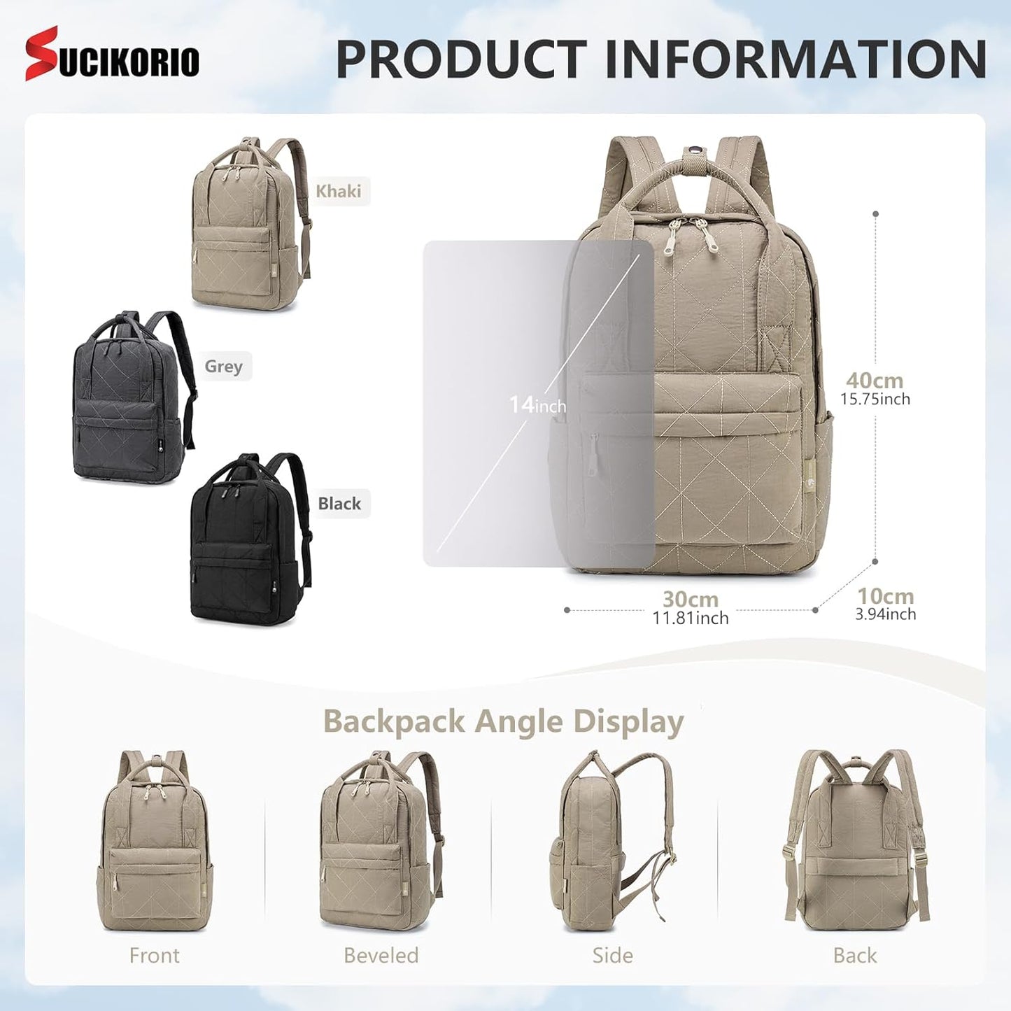 40X30X10 Personal Item Travel Backpack Carry On Luggage Flight Approved Quilted Puffer 14'' Laptop Backpack Daypack