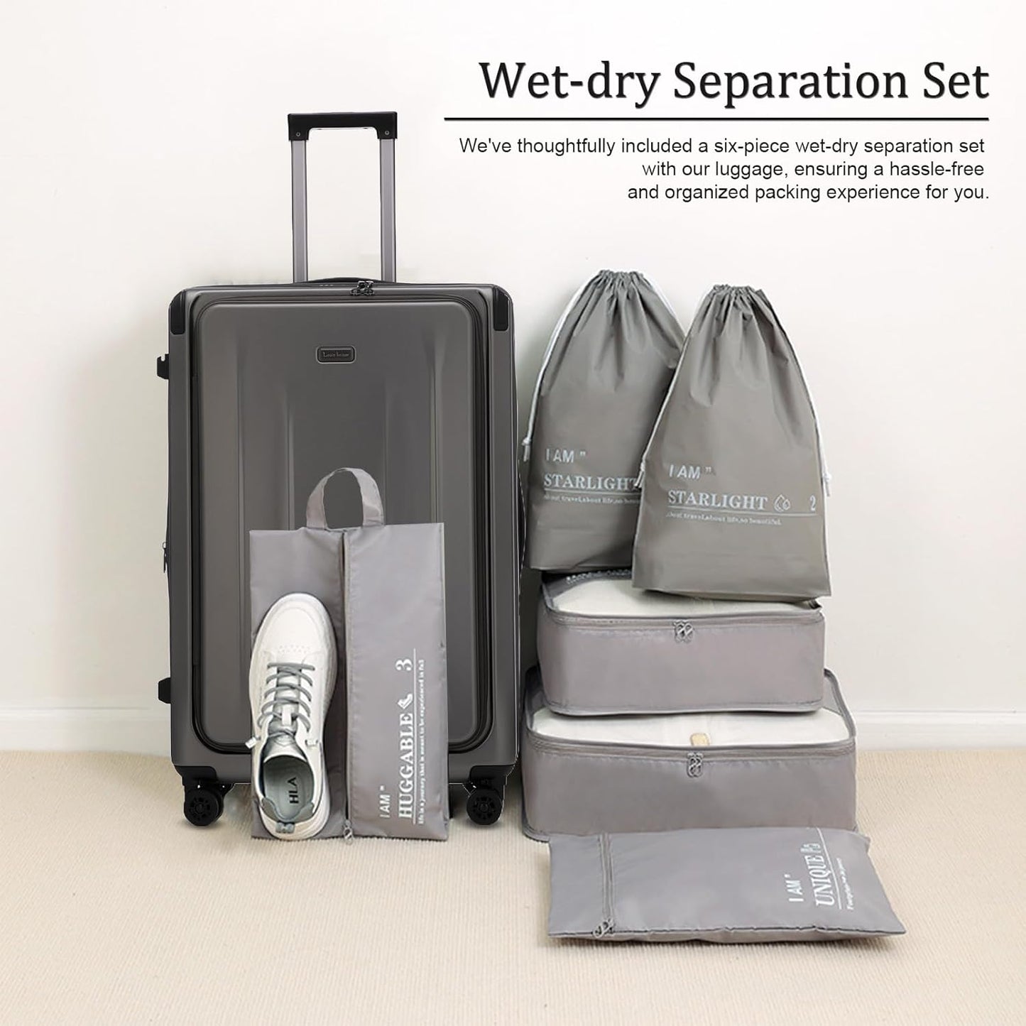 Premium Carry On Luggage, 20 Inch Top Opening Aluminum Frame Lightweight Airline Approved ABS+PC Hard Shell Suitcases with Silent Wheels, TSA Lock, Front Pocket and Wet-dry Separated Six-piece Set