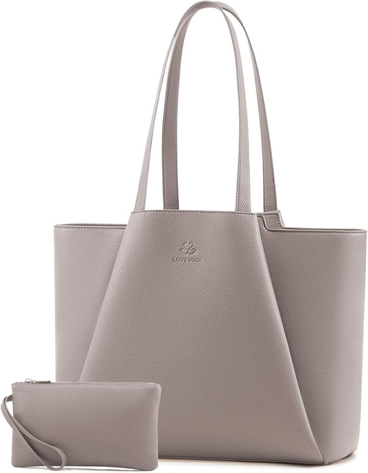 LOVEVOOKLaptop Tote for Women - 15.6 Inch PU Leather Laptop Bag with Clutch, Large Capacity Office Purse Computer Briefcase for Casual Business Travel, Apricot&brown