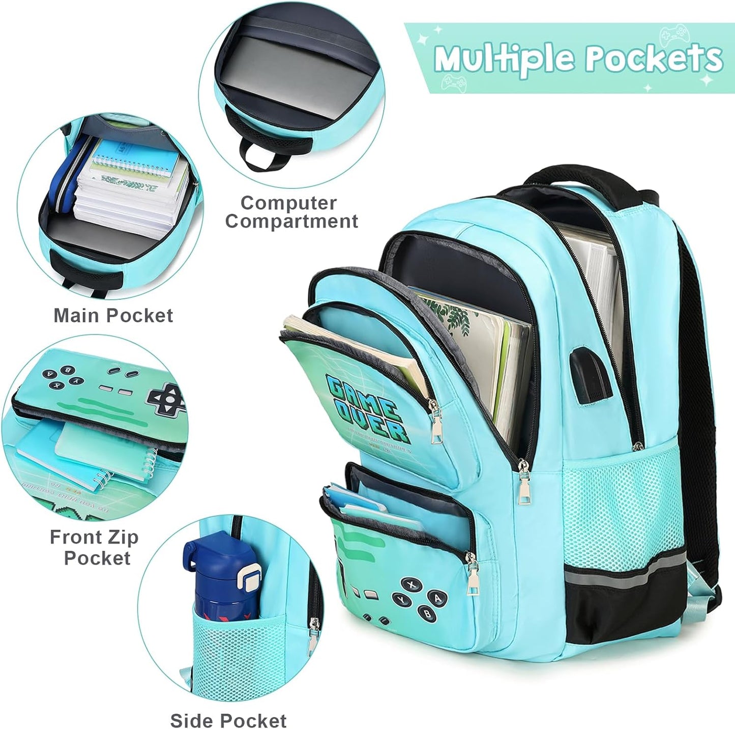 Gamer Backpack for Boys - Luminous School Backpack with Lunch Bag & Pencil Case - Boys' Elementary & Middle School Backpack with USB Charging Port (Green)
