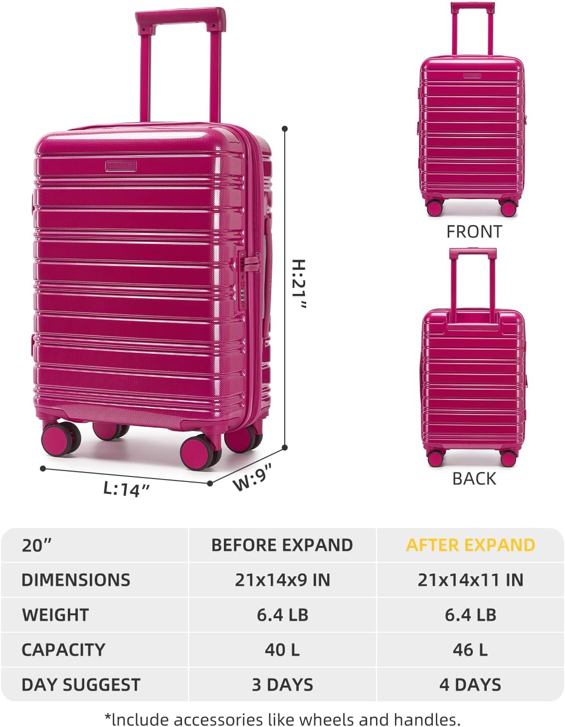 LARVENDER Carry On Luggage 22x14x9 Airline Approved, 20 Inch Expandable PC+ABS Hardside Suitcase Carry On Luggage with Spinner Wheels TSA Lock for Women Men (Very Berry)