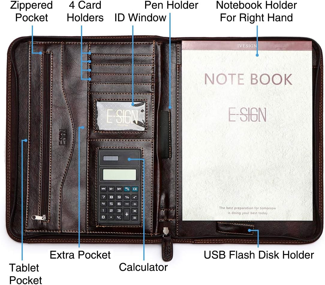 IVESIGN Faux Leather Portfolio Padfolio Organizer with Calculator, Writing Pad, Zipper Closure, Tablet Sleeve, Clipboard with Storage, Document Organizer, Business Card Holder, Note Pads- Dark Brown