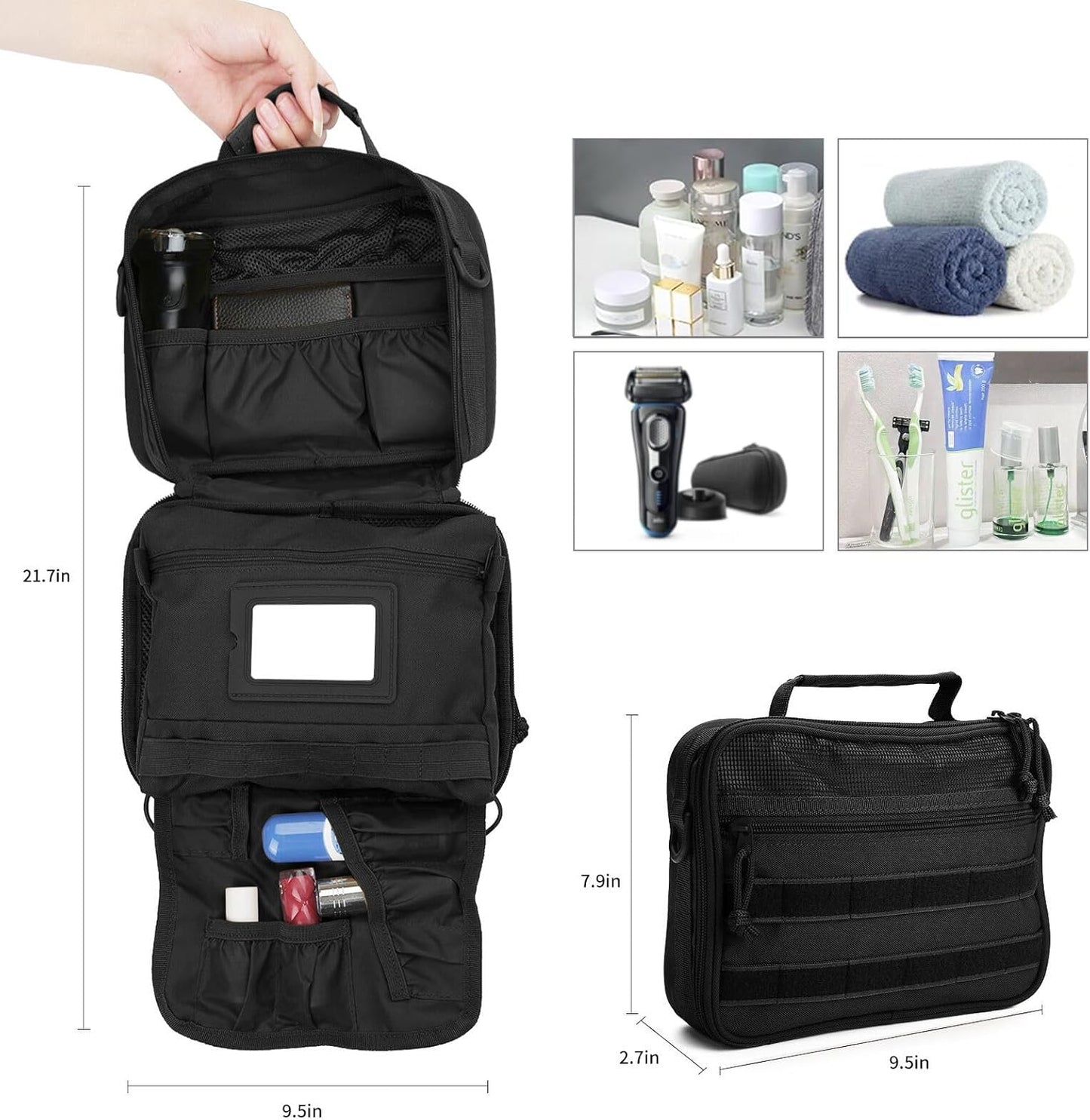 Tactical Travel Toiletry Bag for Men and Women, Hanging Travel Toiletries Organizer Dopp Kit, Toiletry Shaving Hygiene Bag,Bathroom Essentials Men's Toiletry Bag for Short Trips Camping - Black
