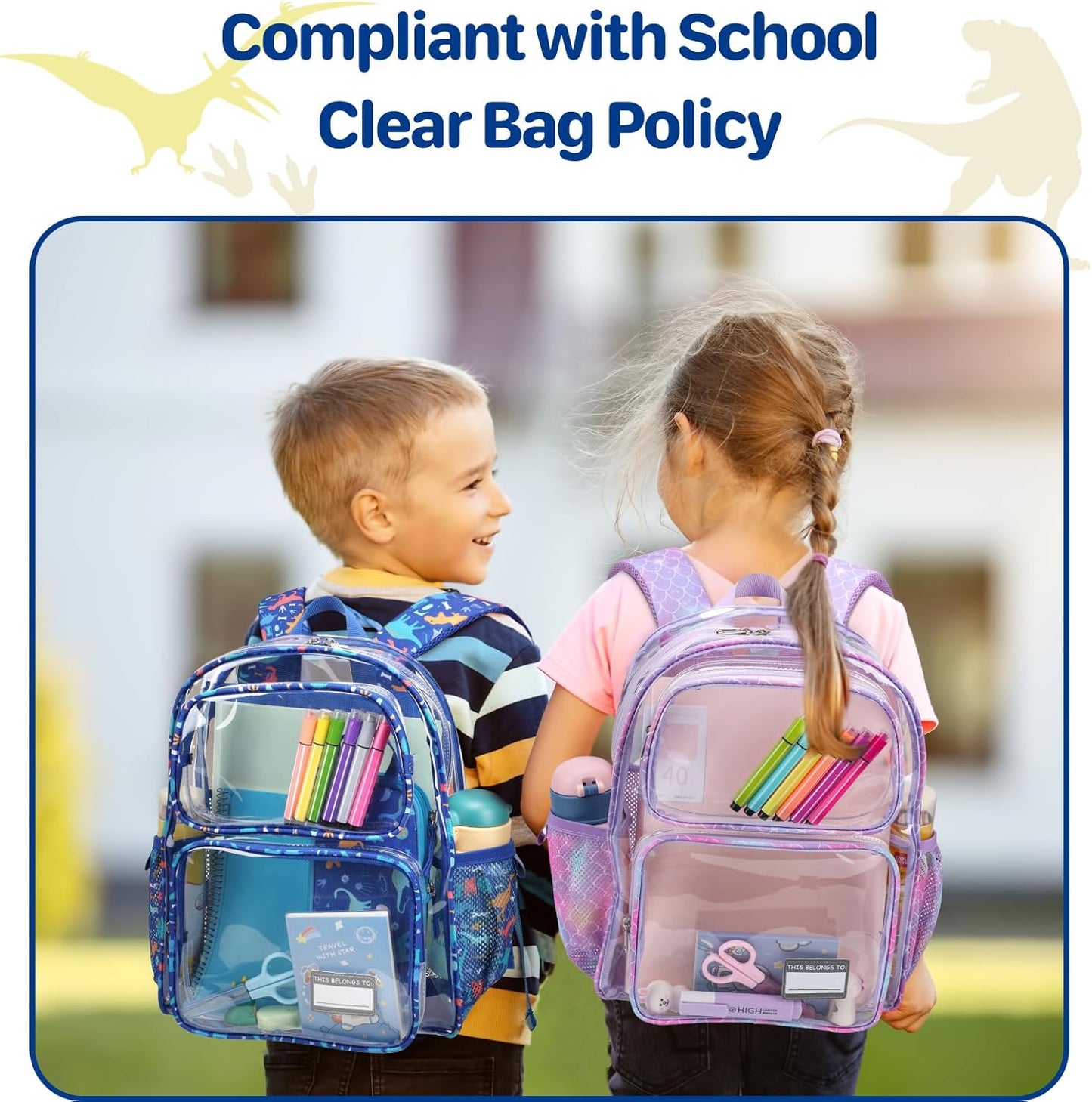 Bagseri 3pcs Clear Backpack for Boys - 15 Inch Backpack and Lunch Bag and Pencil Case Set, Heavy Duty Transparent Bookbag for School, See Through Bag for Kids Aged 3 to 8, Blue Dinosaur