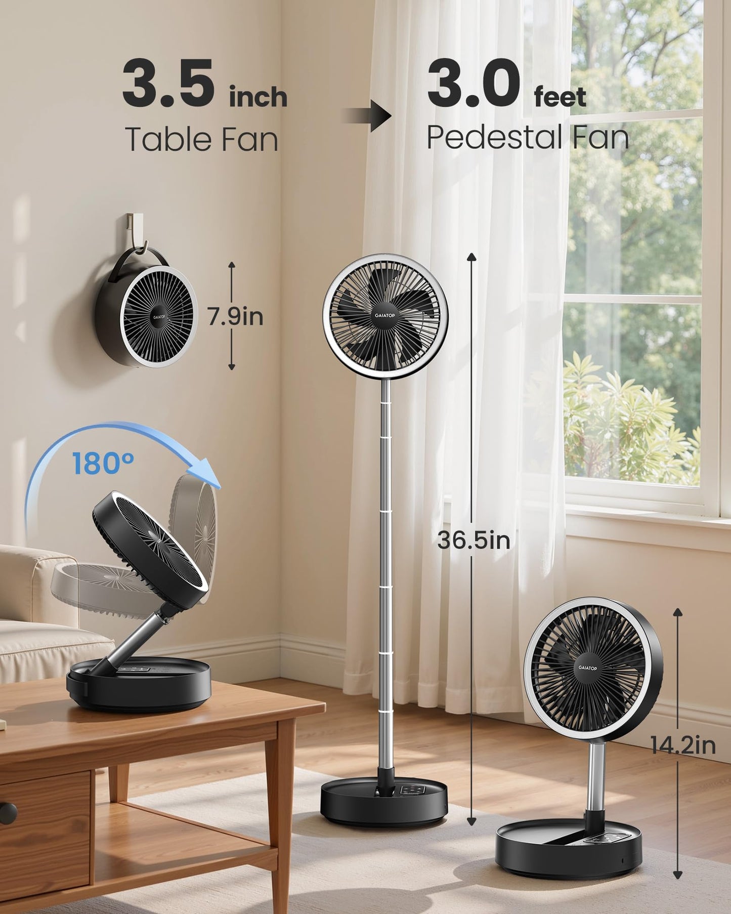 Gaiatop Portable Pedestal Fan 16000mAh Battery [Max 74h Runtime], Foldable Oscillating Standing