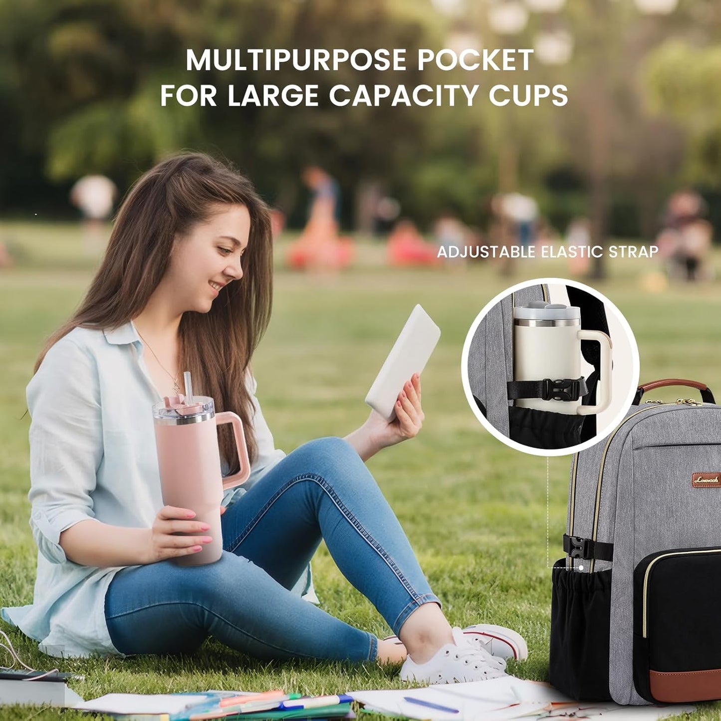 LOVEVOOK Laptop Backpack for Women with Pouch Pocket for Large Capacity Cup,15.6 Inch Teacher Nurse College Work Backpack Purse,Waterproof Laptop Bag Computer Back Pack for Travel, Grey-Black-Brown