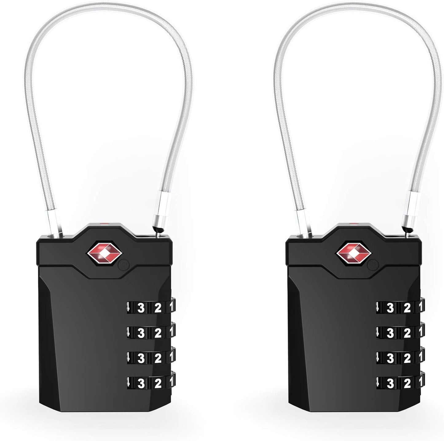 TSA Accepted Locks for Luggage, 2 Pack Combination Travel Steel Cable Lock, Re-settable 4 Digit Padlocks with Inspection Indicator, Alloy Body Keyless Padlock for Lockers, Backpacks, Bags - Black