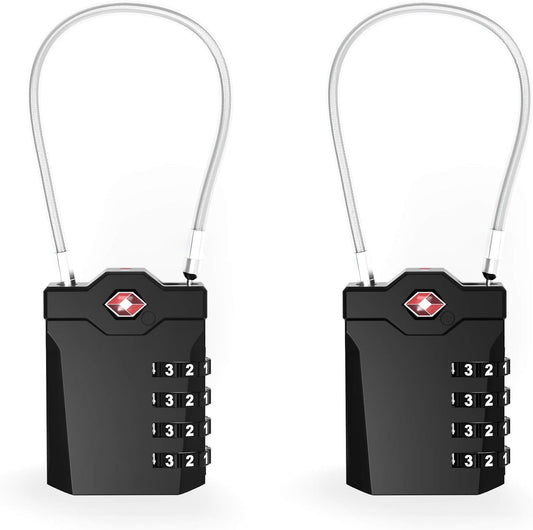 TSA Accepted Locks for Luggage, 2 Pack Combination Travel Steel Cable Lock, Re-settable 4 Digit Padlocks with Inspection Indicator, Alloy Body Keyless Padlock for Lockers, Backpacks, Bags - Black