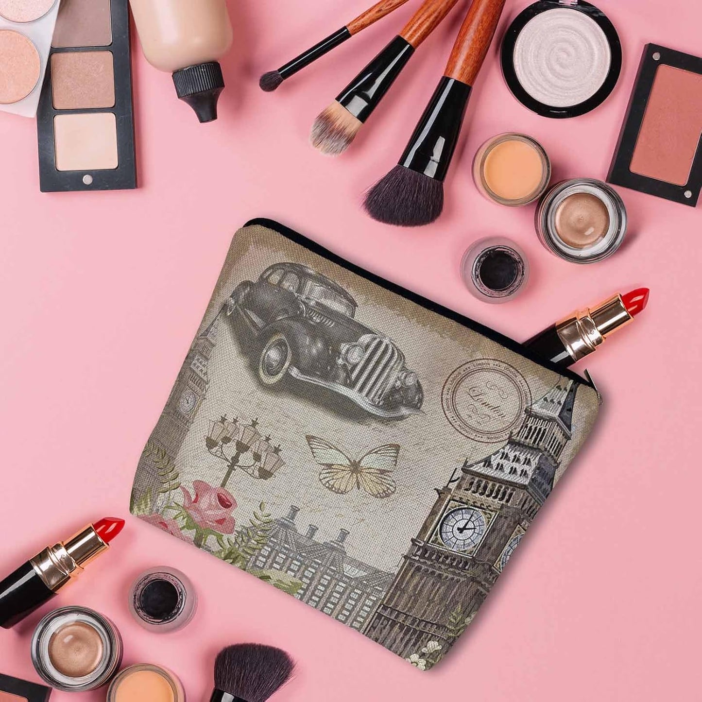 London Cosmetic Bags For Women, Vintage London Retro Car Big Ben Rose Roomy Makeup Bag Toiletry Bag Accessories Organizer Storage Bags Makeup Pouch For Travel Business Gym Camping Bathroom