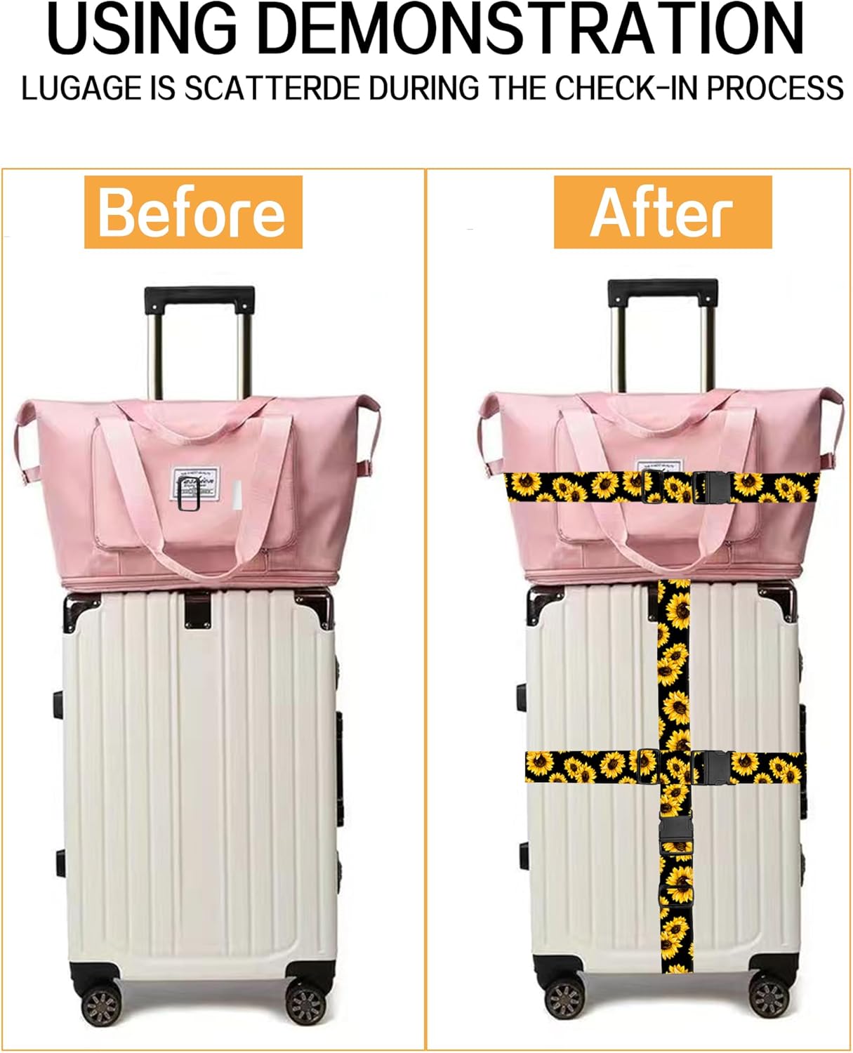 Luggage Straps for Suitcases, Adjustable Travel Belt, Durable Wide Luggage Strap, Cute Suitcase Strap Identifiers with Buckle, Bag Straps for Luggage, Cute Sunflowers