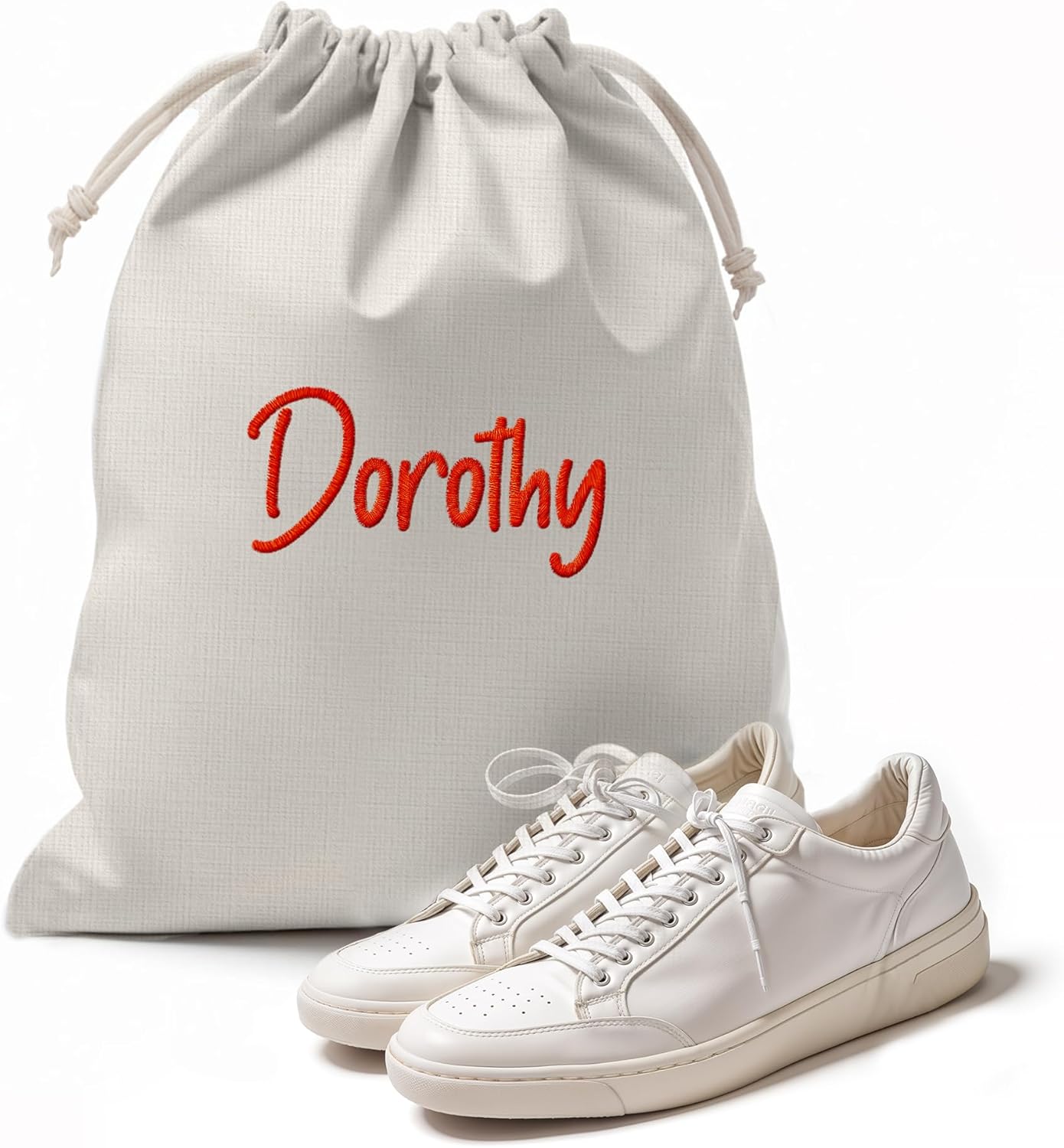 Embroidered Shoe pouch Portable Drawstrings Travel Shoe Bags Custom Name Shoe Organizer, Reusable Produce Bags Space Saving - Storage Bags Washable Breathable Cotton Fabric for Home, Luggage-White