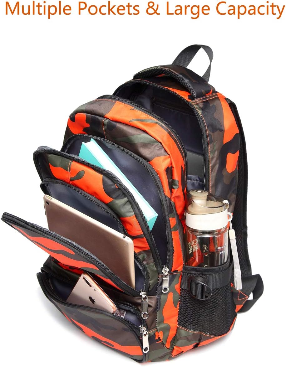 BLUEFAIRY Kids Backpacks for Boys Girls Elementary Primary Middle School Bookbags Back to School Bags for Childs Age 6-8 Mochilas Escolares para Niños Niñas 17 Inch Camo Orange