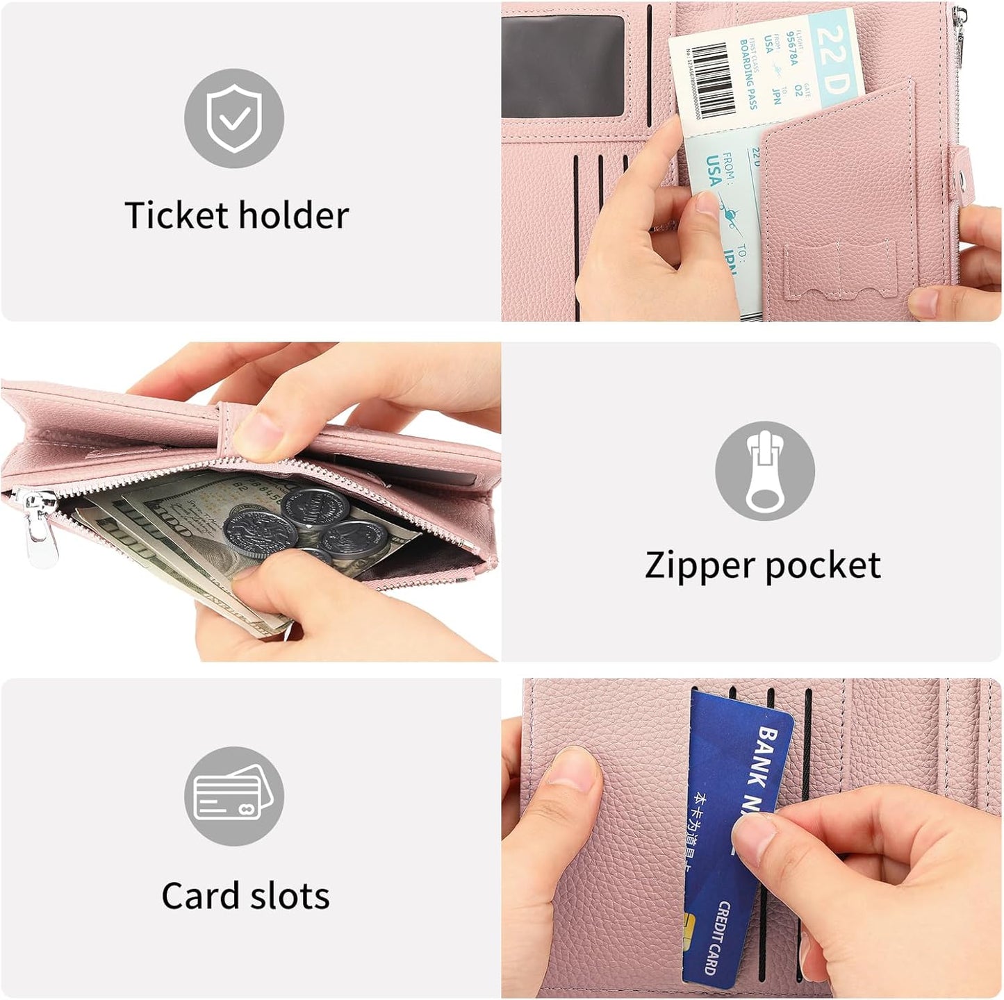 Passport Holder for Women Leather Passport Wallet for Travel RFID Blocking Passport Wallet Credit Card Holder with Zipper Pocket