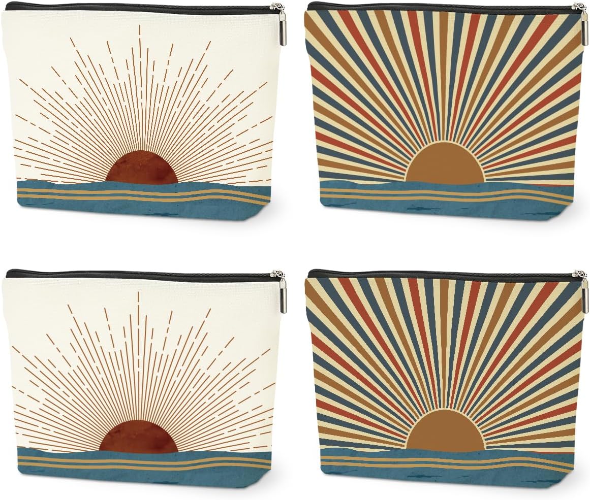 4PCS Sunshine Makeup Bag, Boho Gifts for Women, Natural Linen Zipper Pouch, Sunlight Rays Nature Best Sunshine Gifts for Girls Sister Travel Boho Cosmetic Bag