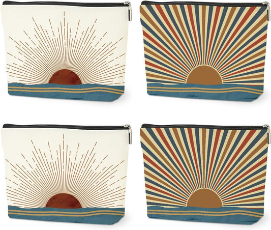 4PCS Sunshine Makeup Bag, Boho Gifts for Women, Natural Linen Zipper Pouch, Sunlight Rays Nature Best Sunshine Gifts for Girls Sister Travel Boho Cosmetic Bag
