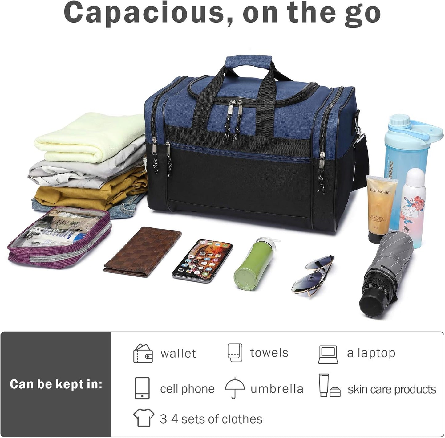 BuyAgain Duffle Bag, 17" Travel Carry On Sport Overnight Weekender Duffel Gym Bag with Adjustable Strap For Men Or Women