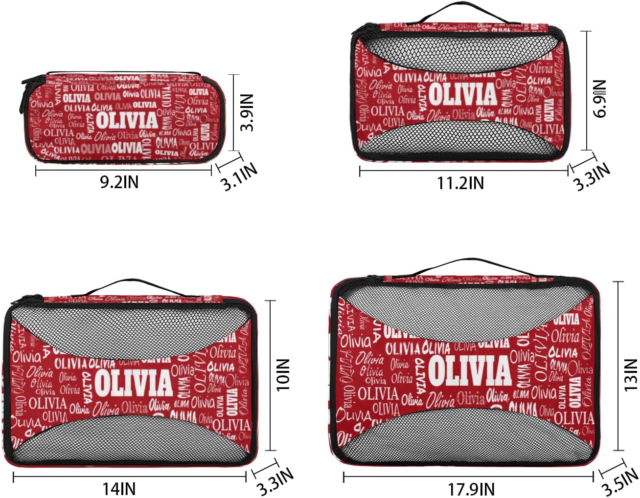 Custom Name 4 Pcs set travel luggage organizer Mesh Travel Essentials for Suitcases, Red