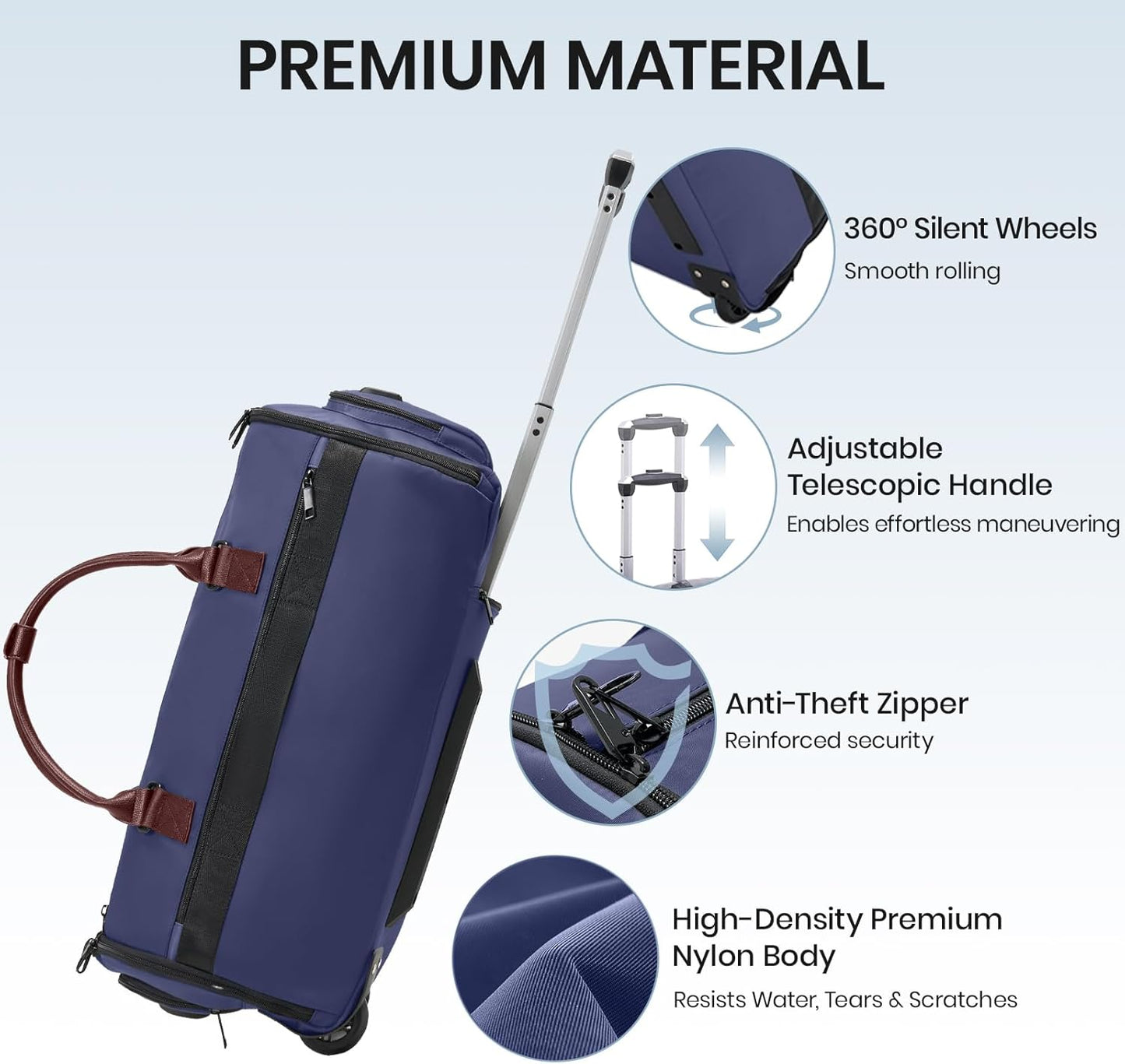 Fanwoli 3-in-1 Rolling Garment Bag for Travel, Wheeled Carry-On Luggage with Shoe Storage & Detachable Organizer, Convertible Duffel Bag for Men Women Business Trips Weekender, Wrinkle-Free