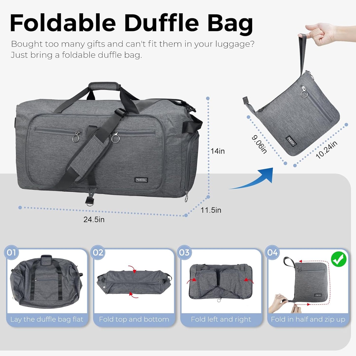 Fmeida 65L Duffle Bag with Shoes Compartment, Foldable Travel Duffel Bags for Men Women, Large Packable Travel Bag Water Repellent & Tear Resistant (Gray)