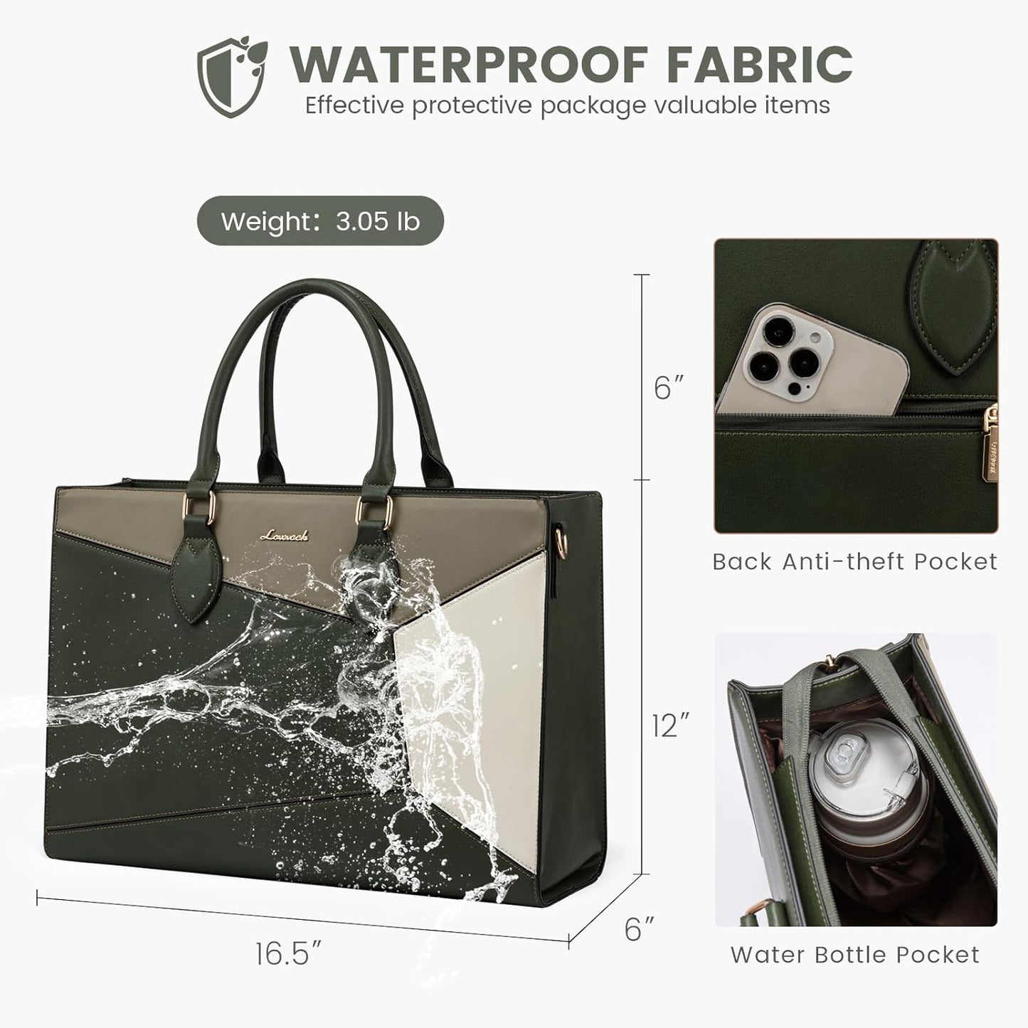 LOVEVOOK Laptop Bag for Women,15.6 lnch Waterproof Lightweight Leather Tote Bag,Professional Business Office Work Bags with Clutch Purse,Large Capacity Computer Shoulder Handbag,Army-Grey-White