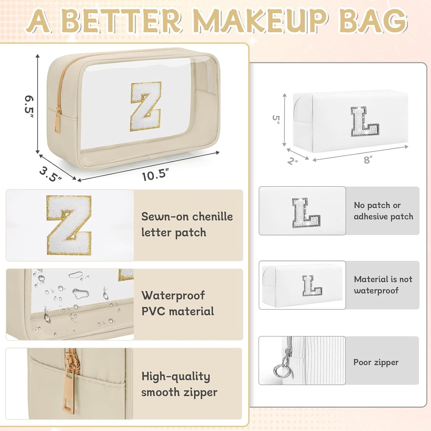 Personalized Initial Clear Makeup Bag, Travel Chenille Patch Cosmetic Bag, Preppy Toiletry Bag Monogram Cosmetic Pouch with Zipper, Ideal Gift for Teen Girls Women (Clear-Beige, Z)