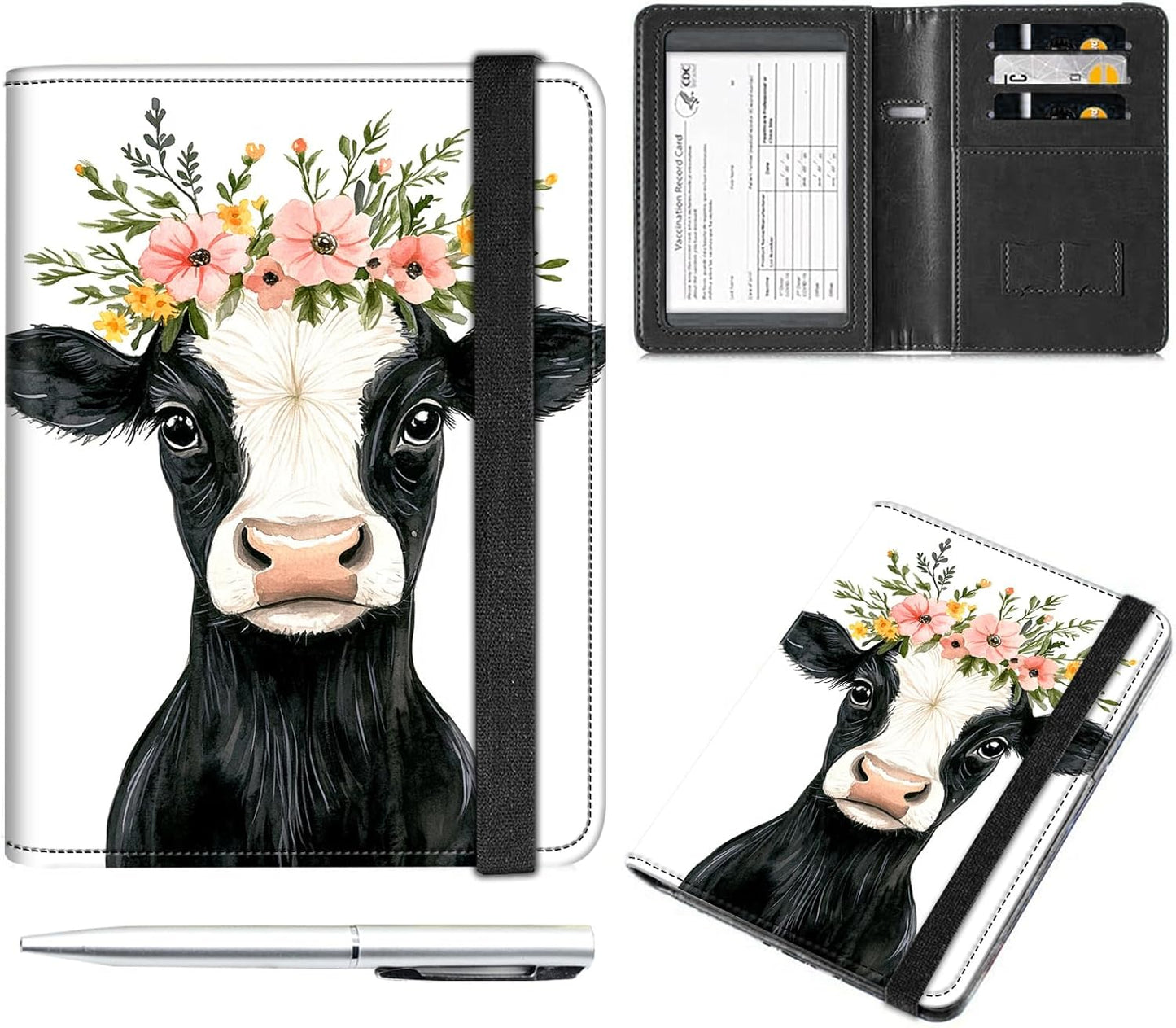 Passport and Vaccine Card Holder Cover Combo,Travel Passport Holder Wallet with RFID Blocking, Leather Vaccine Card Slot Passport Cover Case for Women & Men,Cute Baby Cow and Flowers