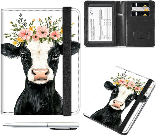 Passport and Vaccine Card Holder Cover Combo,Travel Passport Holder Wallet with RFID Blocking, Leather Vaccine Card Slot Passport Cover Case for Women & Men,Cute Baby Cow and Flowers