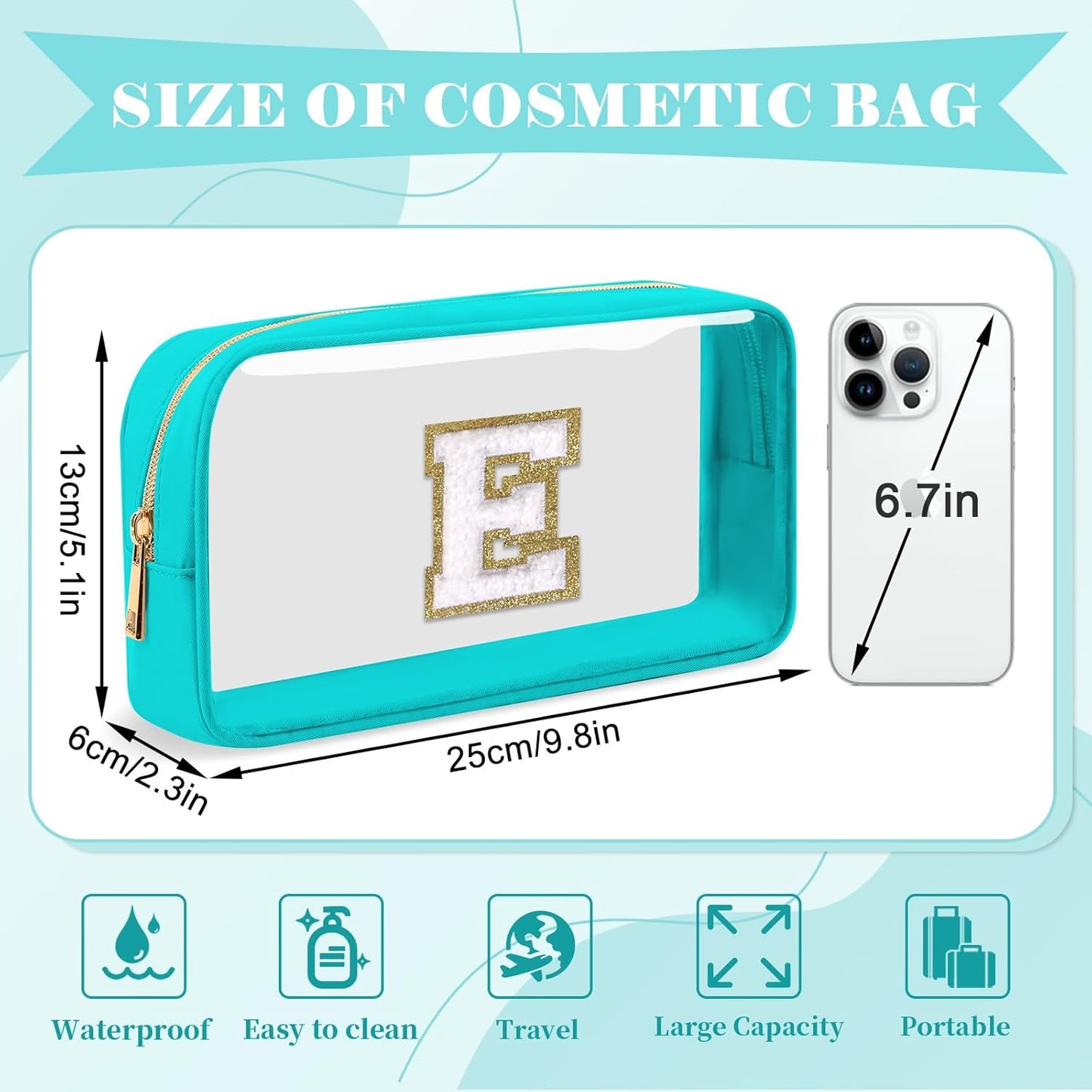 Personalized Initial Letter Clear Makeup Bag,Preppy Small Nylon&PVC Cosmetic Zipper Bag with Chenille Letter,Portable Beach Travel Skincare Toiletry Bag,Trendy Monogram Gift for Teen Girls Women,E