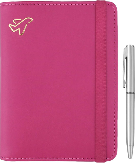 WALNEW Passport Holder for Travel, RFID Passport Cover Wallet for Women Men, PU Leather Passport Book Card Holder Case with Pen, Travelling Essentials for Flying