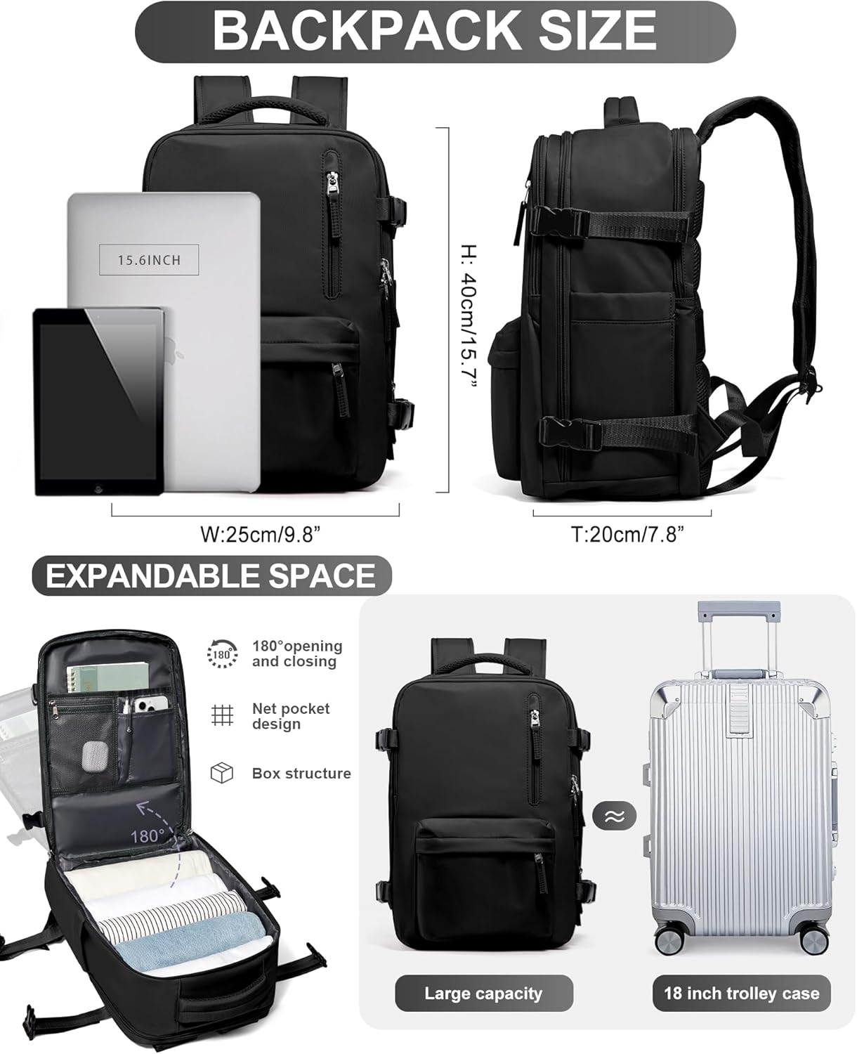 WONHOX Large Travel Backpack Carry on Flight Approved Laptop Work Business Backpack for Women Men
