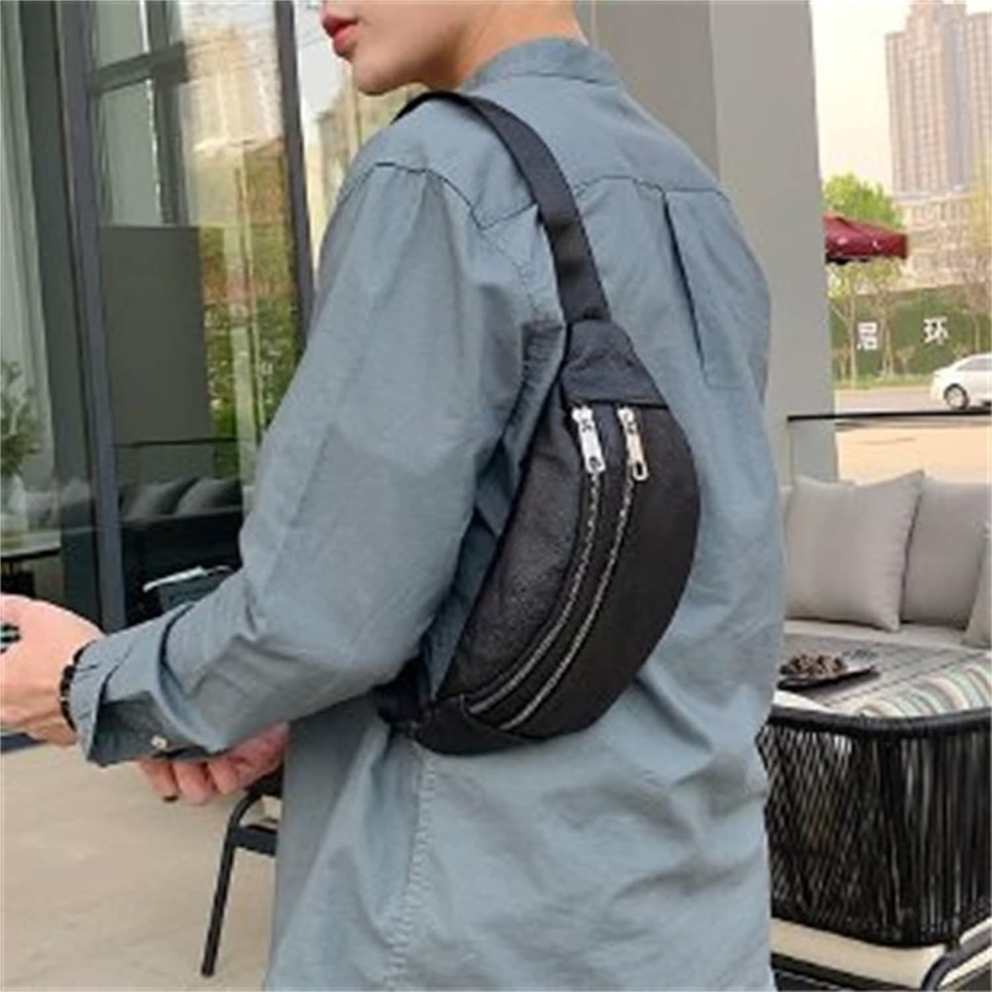 leather Fanny pack, Outdoor travel waist Pack Cowhide Leather Large Size 2 Pockets waist bag.Suitable for outdoor mountaineering, travel, camping, cycling, running, etc.（black-F）