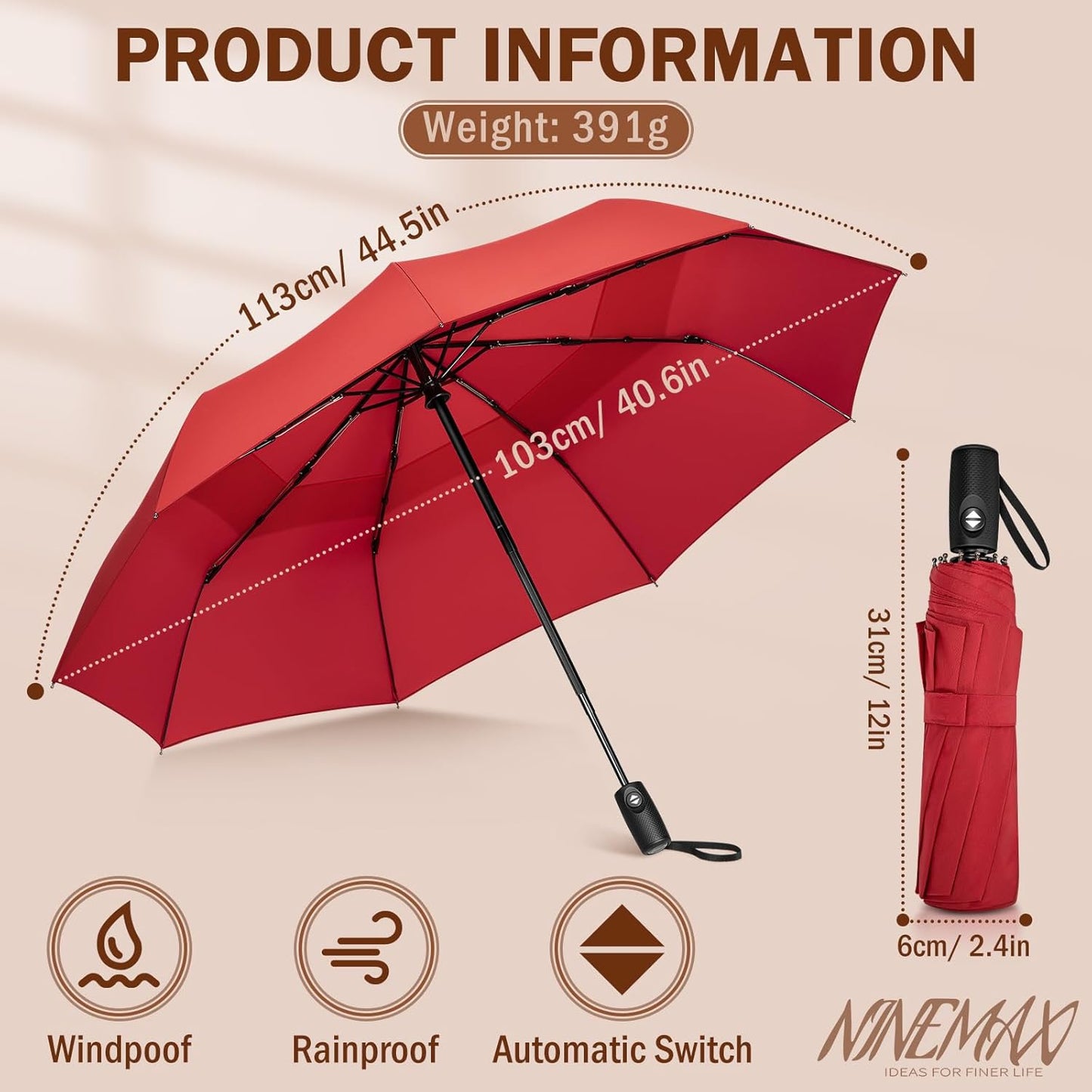 NINEMAX Windproof Travel Umbrella for Rain, Automatic Umbrellas Double Canopy Vented Compact for Men Women(Red)