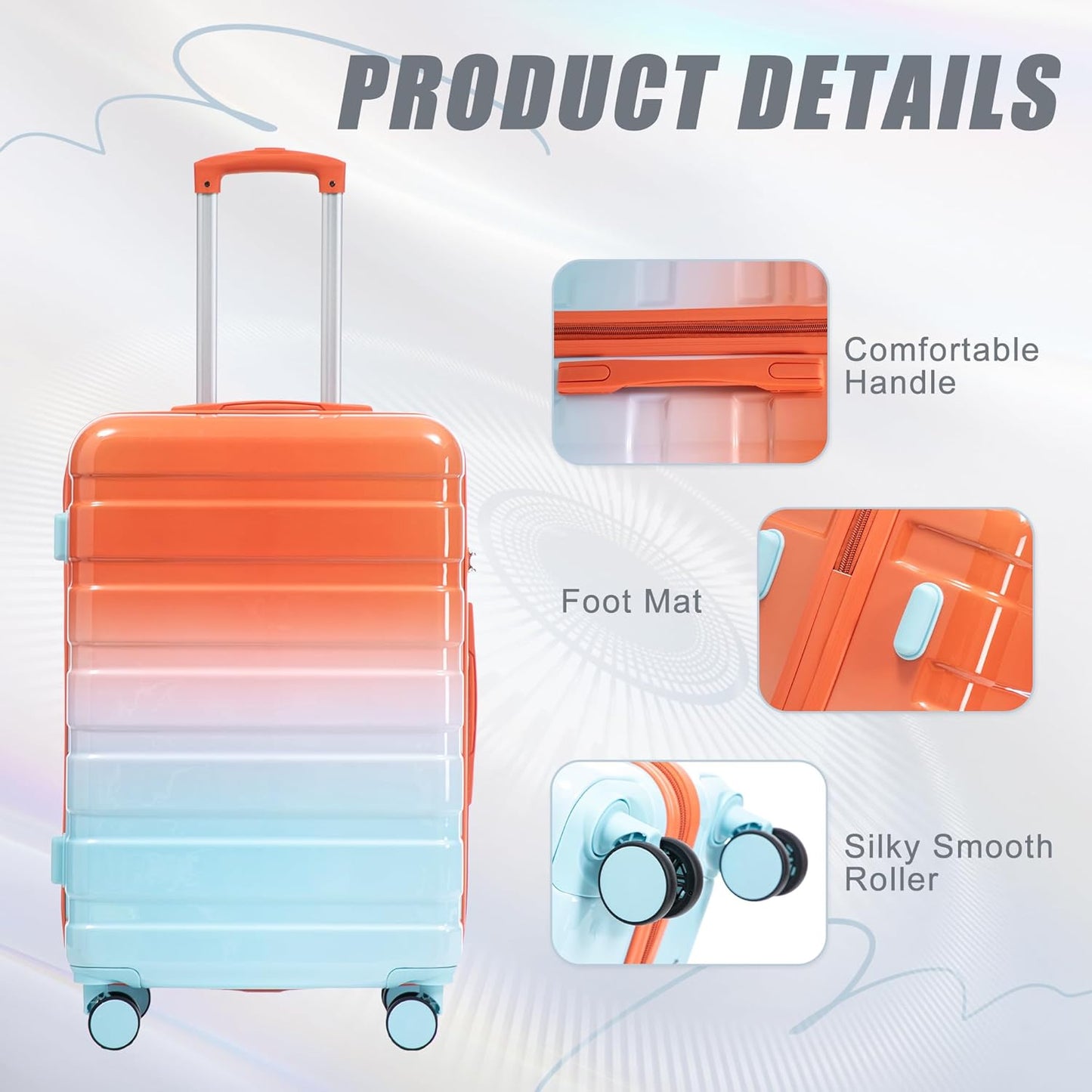 Campfun 3 Piece Luggage Sets, PC Gradient Color Suitcase Set with Double Spinner Wheels Hang Hook, Durable Carry On Luggage with Combination Lock, 20/24/28 inch, Red+Blue