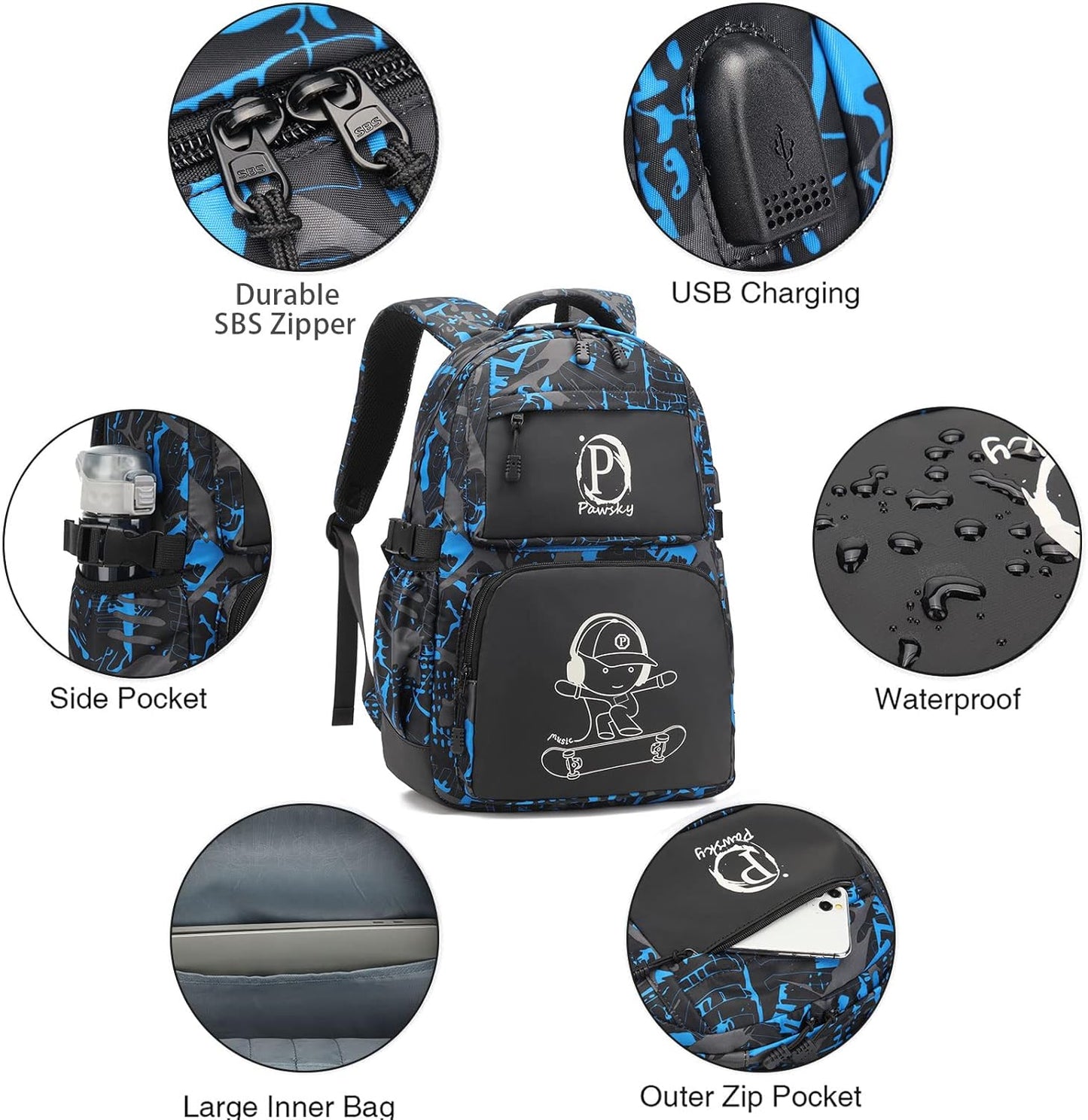Skateboard Anime Luminous Backpack School Backpack with USB Charging Port for Teen Boys, College School Bookbag Lightweight Laptop Bag with Sling Bag Set, Blue