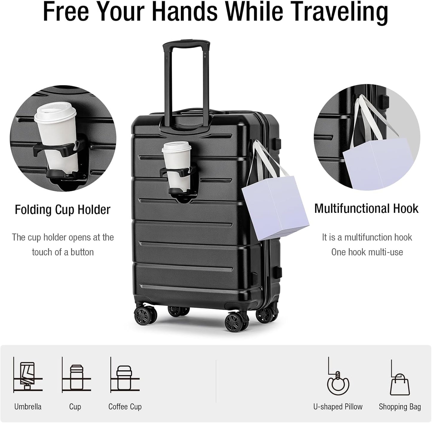 KYME 26 Inch Luggage TSA Approved Hard Shell Suitcases with Spinner Wheels Durable Medium Travel Checked Luggage with Cup Holder for Women Men Black