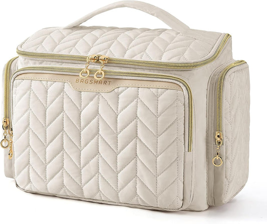 BAGSMART Travel Toiletry Bag, Large Wide-open Travel Bag for Toiletries, Makeup Cosmetic Travel Bag with Handle-Beige