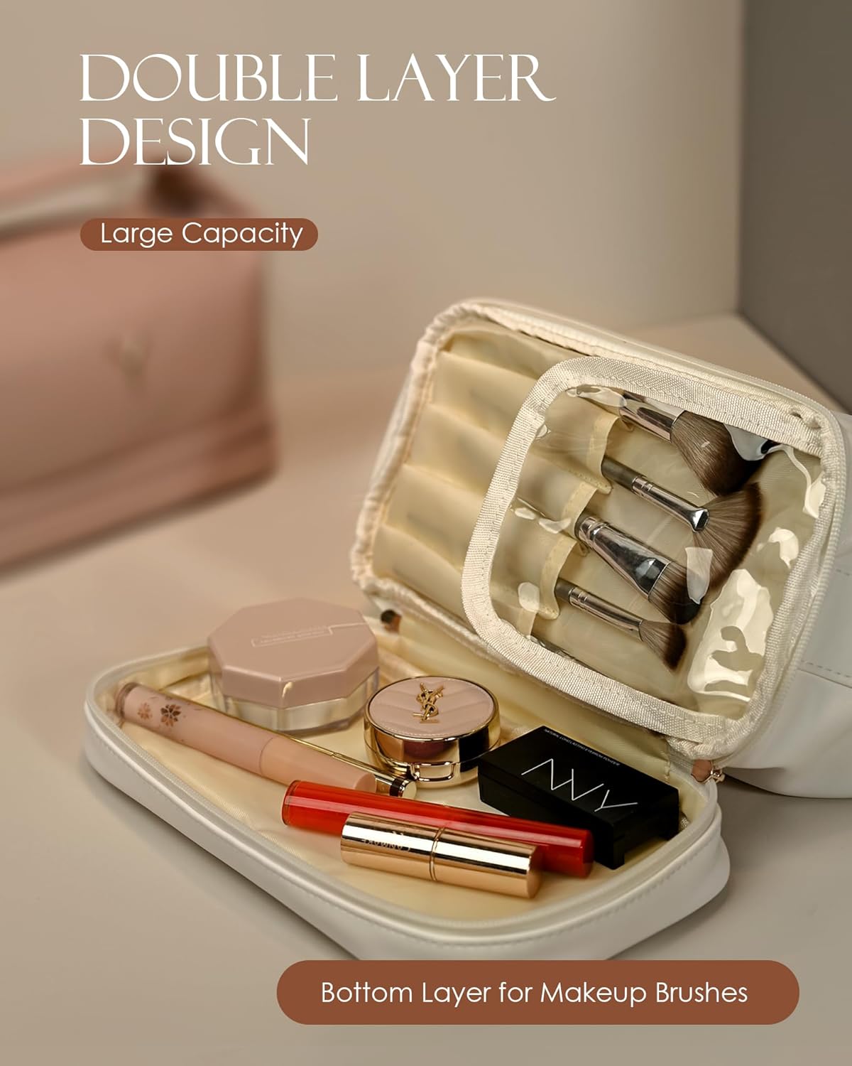 College Gifts for Women, Personalized Makeup Bag with Handle, Initial Double Layer Cosmetic Bag with Makeup Brush Organizer, Cute Cosmetic Pouch for Women, Gifts for Friends Female Mom