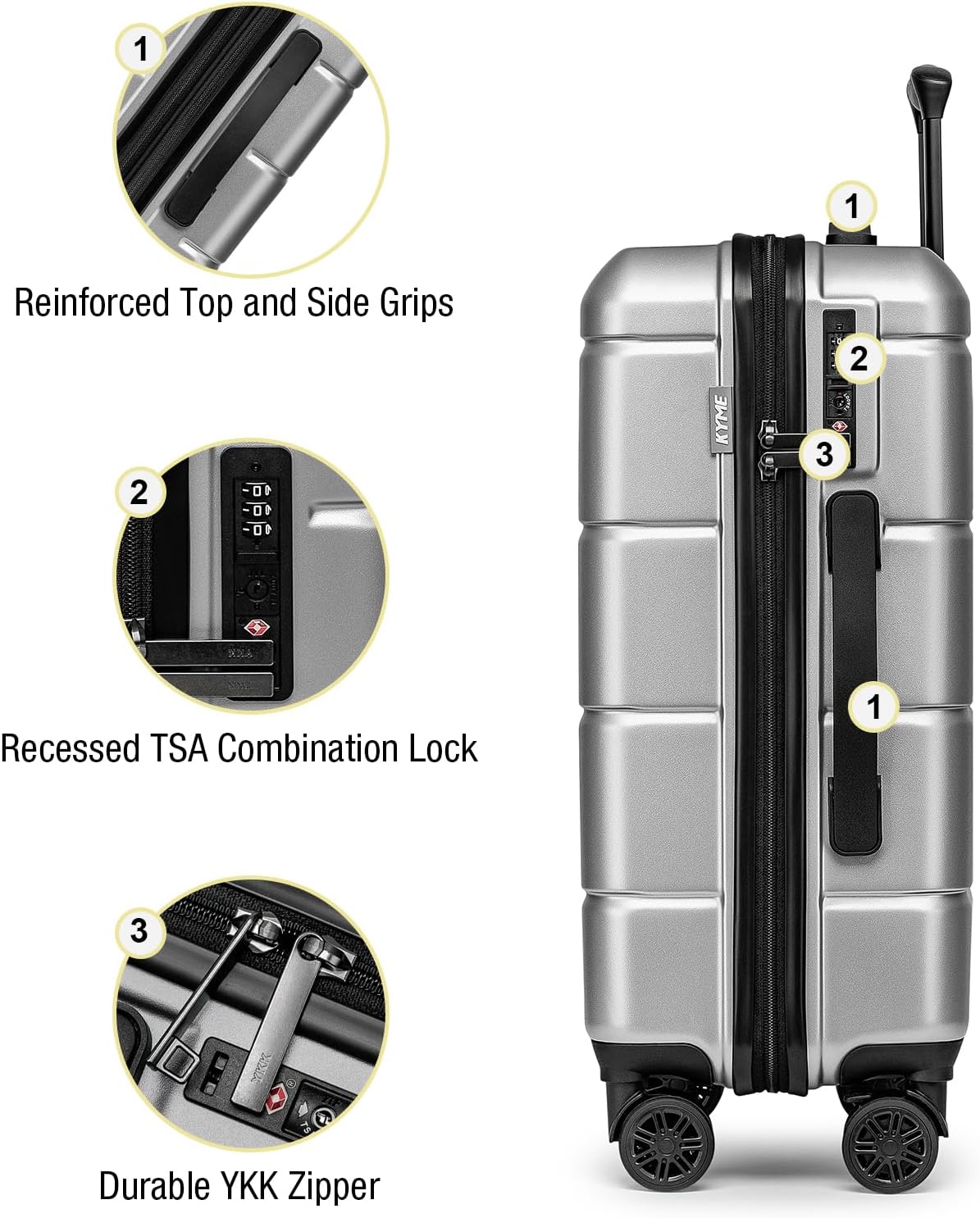 KYME Suitcases with Wheels Hard Shell 26 Inch Luggage with TSA Lock Durable Medium Checked Travel Rolling Luggage with Cup Holder for Women Men Silver Grey