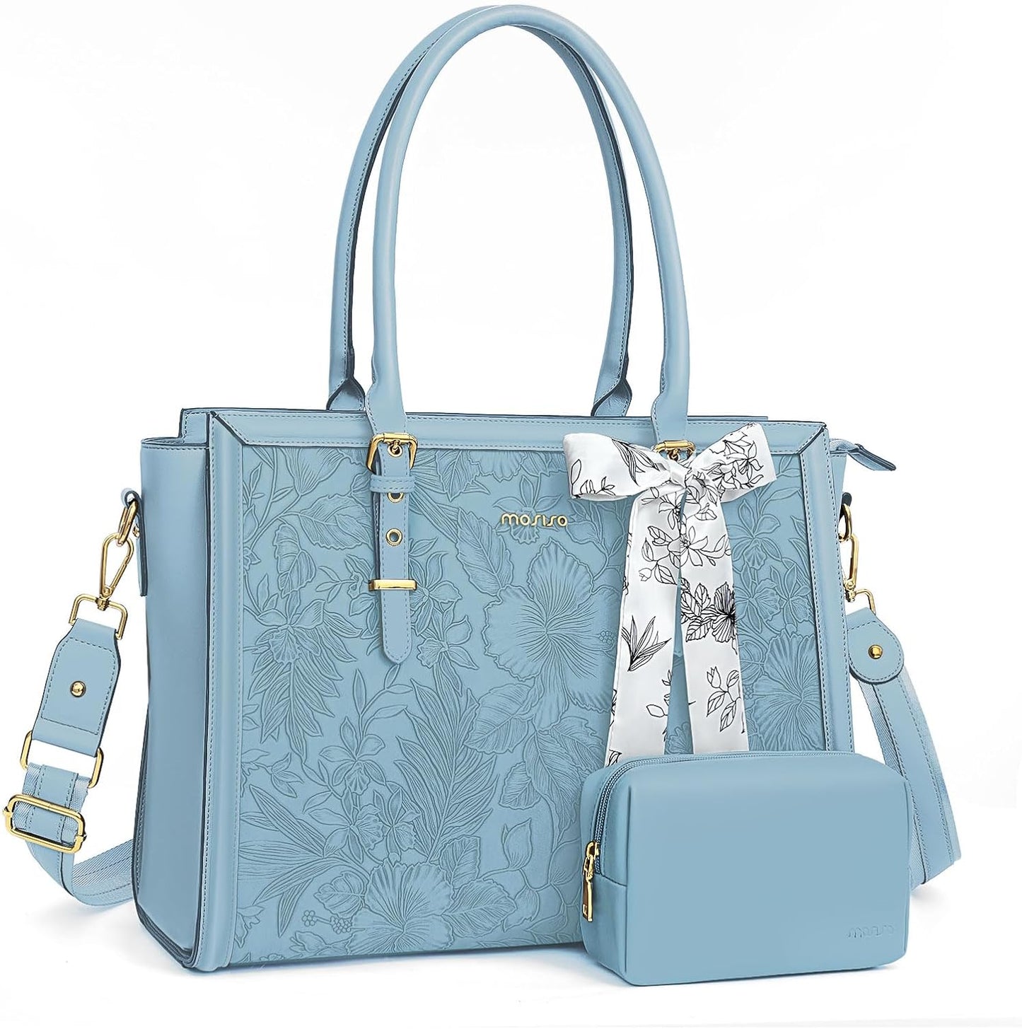 MOSISO Laptop Bag for Women, PU Leather Tote Bag, Front Embossed Retro Hibiscus Computer Bags with Silk Scarf&Clutch Purse