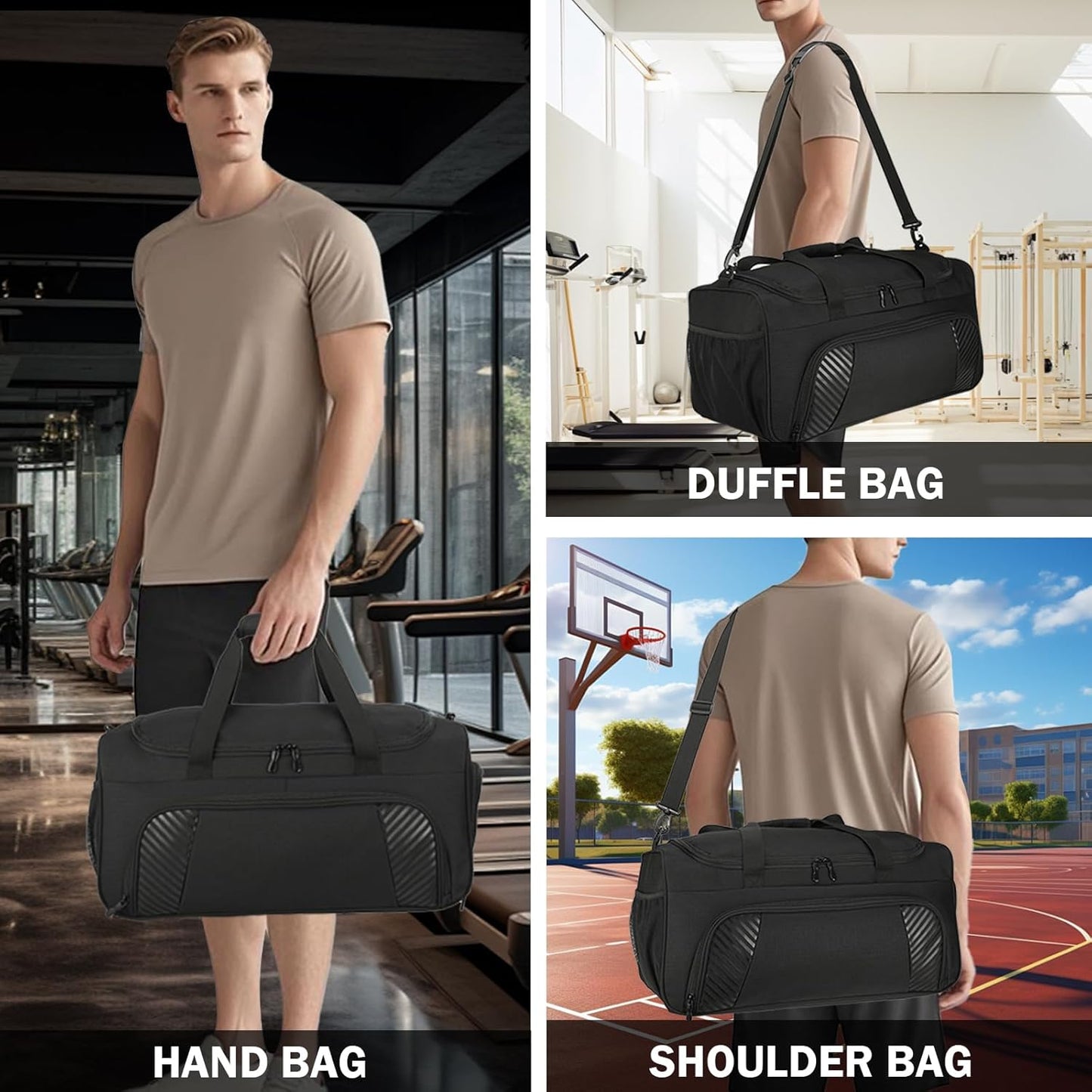 Urbanstand Gym Bag for Men - 22 Inch Large Sports Duffel Bags with Shoe Compartment, Weekender Carry On Duffle Bag for Sport, Camping, Fitness & Workout, Black