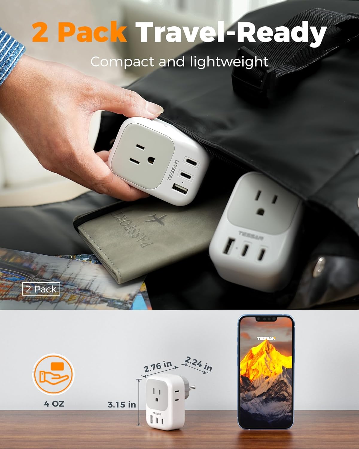 TESSAN 2 Pack Type E F Plug Adapter (2 USB-C), France Spain South Korea Power Adapter with 4 Outlets 3 USB, European Travel Adaptor for US to Germany Iceland Greece Portugal