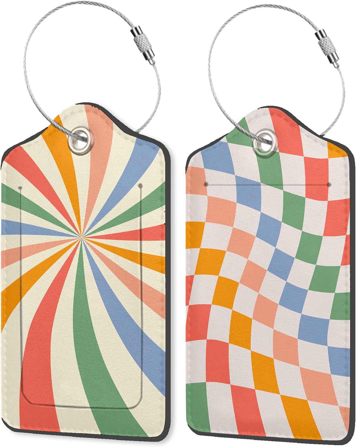 Set of 2 Luggage Tags for Suitcases, Leather Abstract Colorful Twisted Checkered Baggage Tags with Stainless Steel Loop, Privacy Name ID Card Cover Travel Labels for Women Men Kids Girls