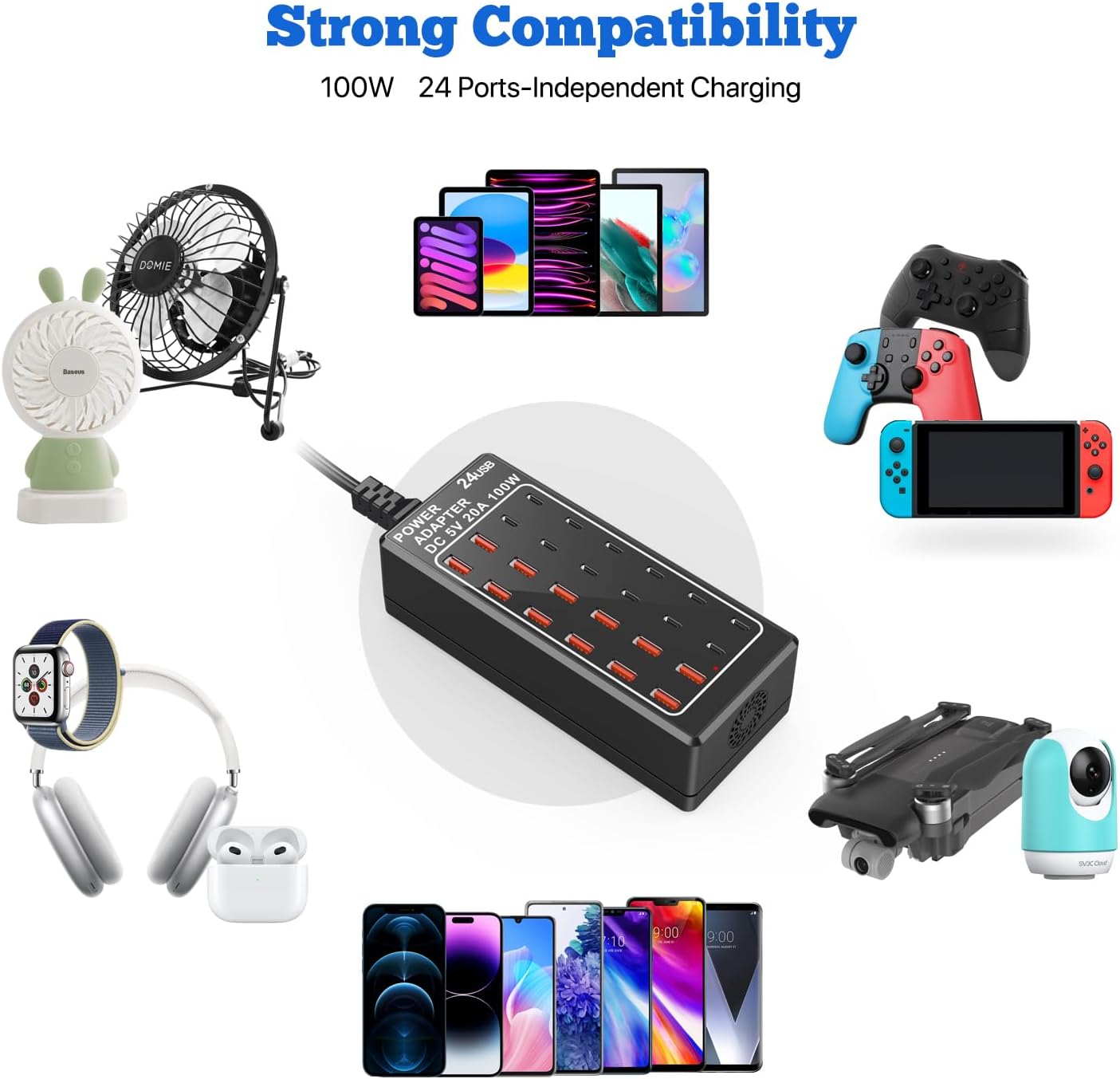 USB Charger Station, C Charging Block, 100W (20A) 24 Port Multiple USBCharger Desktop Wall Charger Hub 12 USB A 12 USB C Compatible for Apple iPhone, iPad, Samsung Galaxy, Laptop, Pixel, Phones