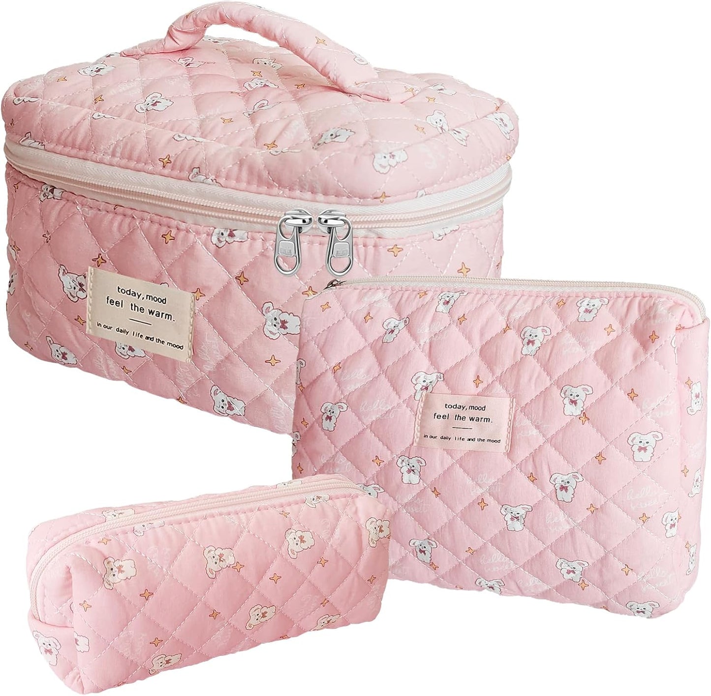 Quilted Makeup Bag, Large Capacity Travel Cosmetic Bag for Women and Girls, Aesthetic Storage for Daily and Travel Use (3pcs-RabbitAnimalPrint)