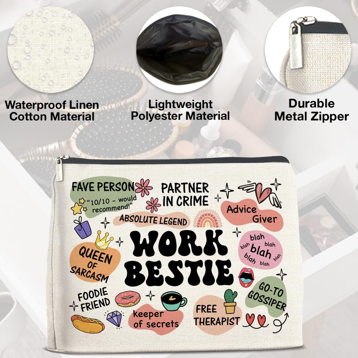 Work Bestie Gifts Makeup Bag, Work Best Friend Gifts for Women, Gifts for Coworker Colleagues Friend Work Bestie Zipper Makeup Pouch