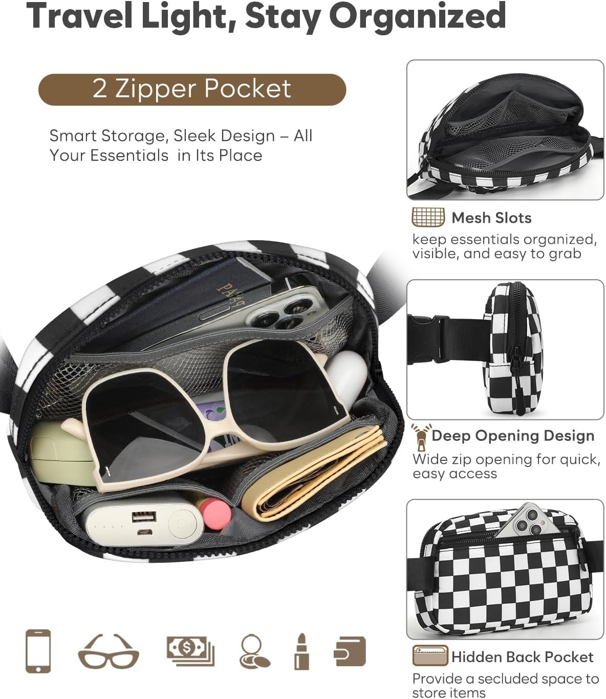 Fanny Packs for Women Cross Body Bag Waterproof Belt Bag with Adjustable Strap and Zipper Back Pocket Small Crossbody Bags Fashion Waist Packs for Workout Travelling(Checkered Black)